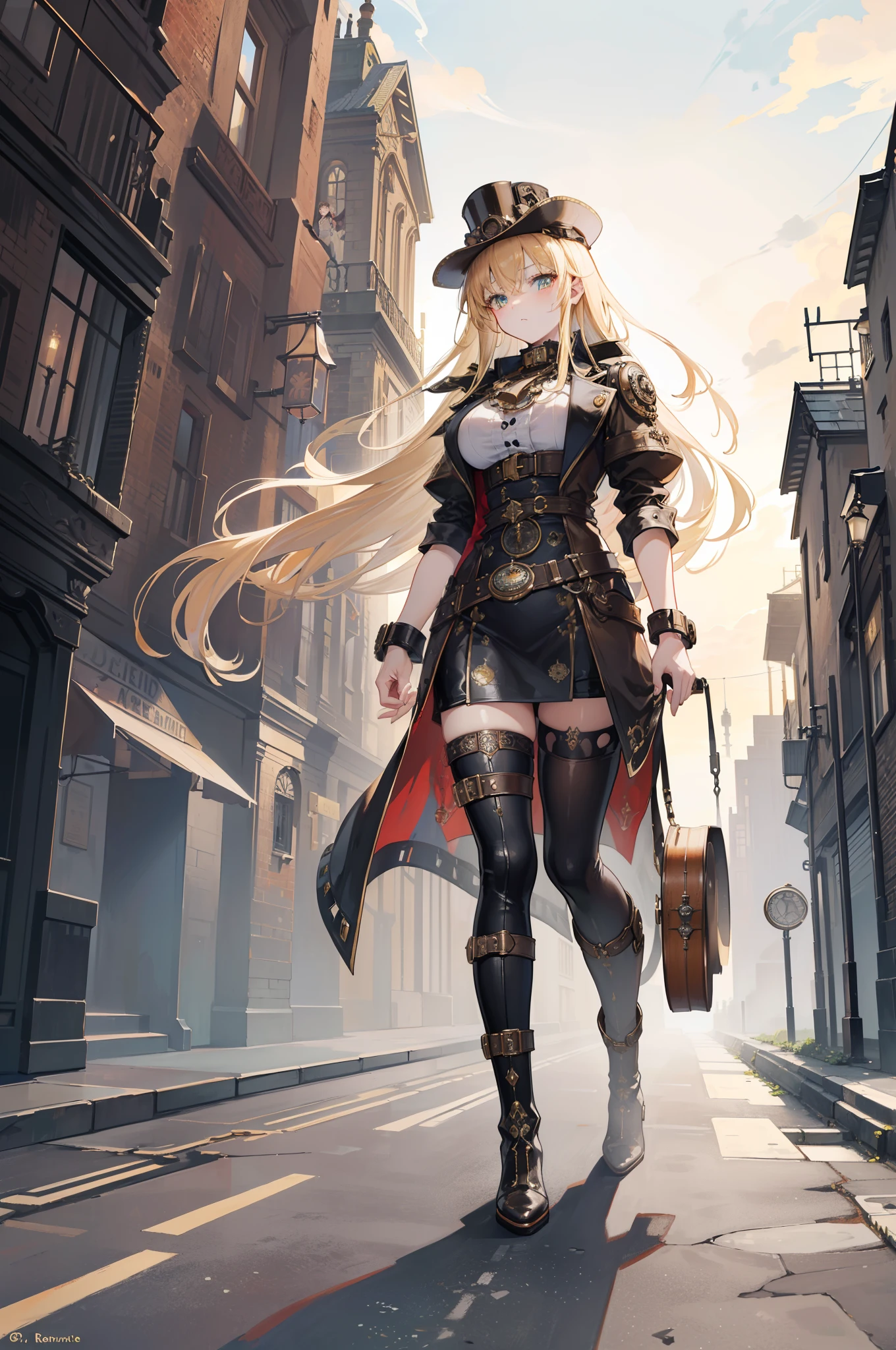 masterpiece,8K,超A high resolution,Detailed description,Smooth depiction,Accurate rendering,Inverted triangle composition,(London、Victorian Culture:1.5)、((Equipped with a reinforcement mechanism that moves with countless gears)),Beautiful golden cat eyes,Whitening skin,-yeld Wern-style beautiful girl in anime style,Wearing an antique leather coat with steampunk-style gear and watch embellishments,Metallic boots,Vast steam、Complex cities、Buildings built with pipes, Steam and gears、Overhead scenery,Full body depiction,Splash Art Style,