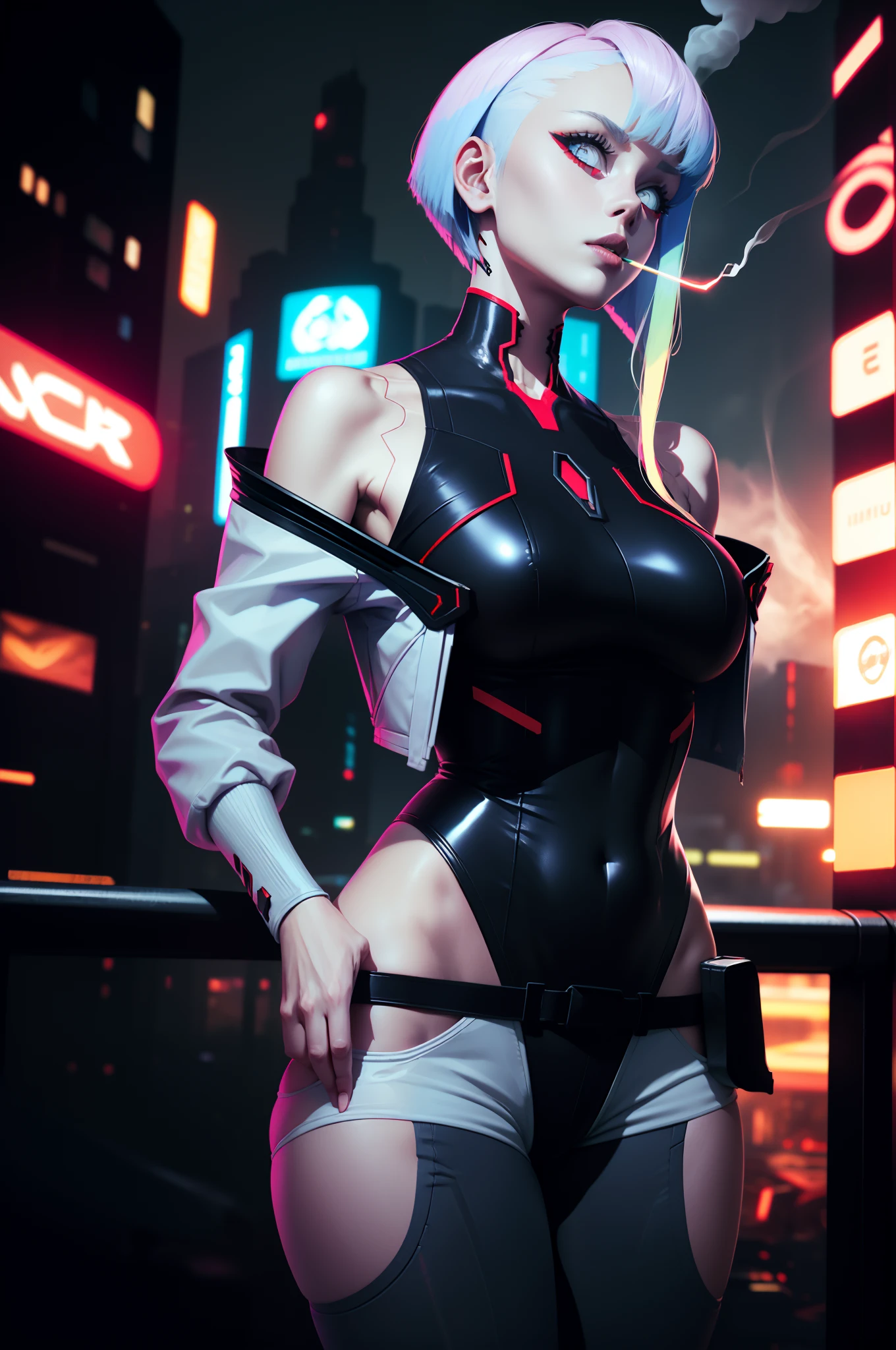 lucy \(cyberpunk\), 1girl, against railing, arm rest, bangs, bare shoulders, belt, black belt, black leotard, black pants, blurry, bob cut, breasts, building, cigarette, cityscape, clothing cutout, cropped jacket, cyberpunk, depth of field, from side, gradient eyes, grey eyes, grey hair, holding, holding cigarette, jacket, leotard, lips, long sleeves, looking afar, looking ahead, mechanical parts, medium breasts, multicolored eyes, multicolored hair, night, night sky, off shoulder, open clothes, open jacket, outdoors, pants, parted lips, railing, red eyeliner, science fiction, short hair with long locks, short shorts, shorts, sidelocks, sky, smoke, smoking, solo, standing, teeth, thigh cutout, upper teeth only, white jacket, white shorts, cyberpunk \(series\), cyberpunk edgerunners,