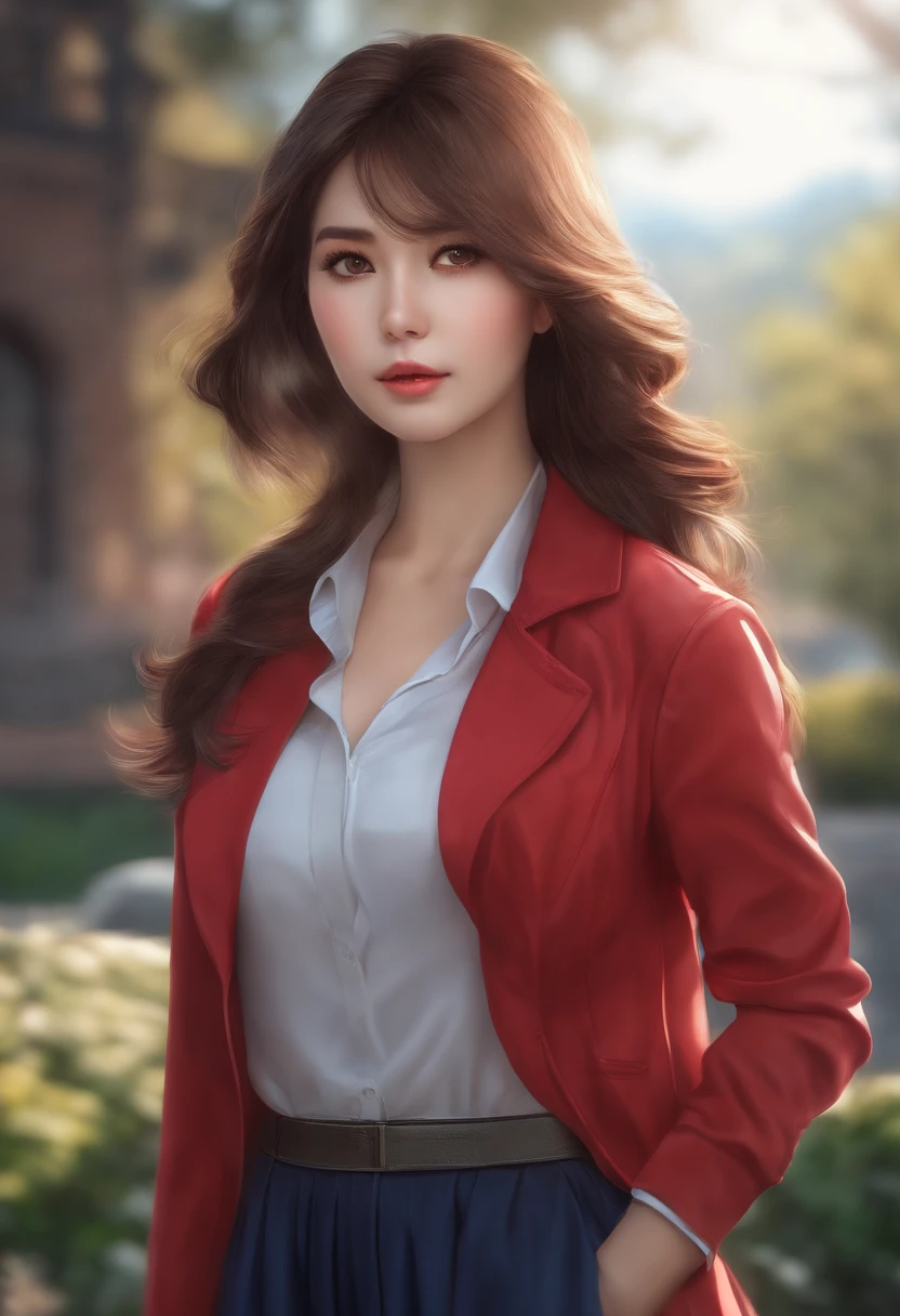 Longing woman in red jacket and blue shirt posing for photos, photorealistic anime girl rendering, Porquimane, Realistic schoolgirl, Realistic young anime girl, Surrealism female students, Anime girl in real life, Smooth anime CG art, Surrealism female students, render of april, realistic anime artstyle, attractive anime girls, portrait of anime woman，。.3D