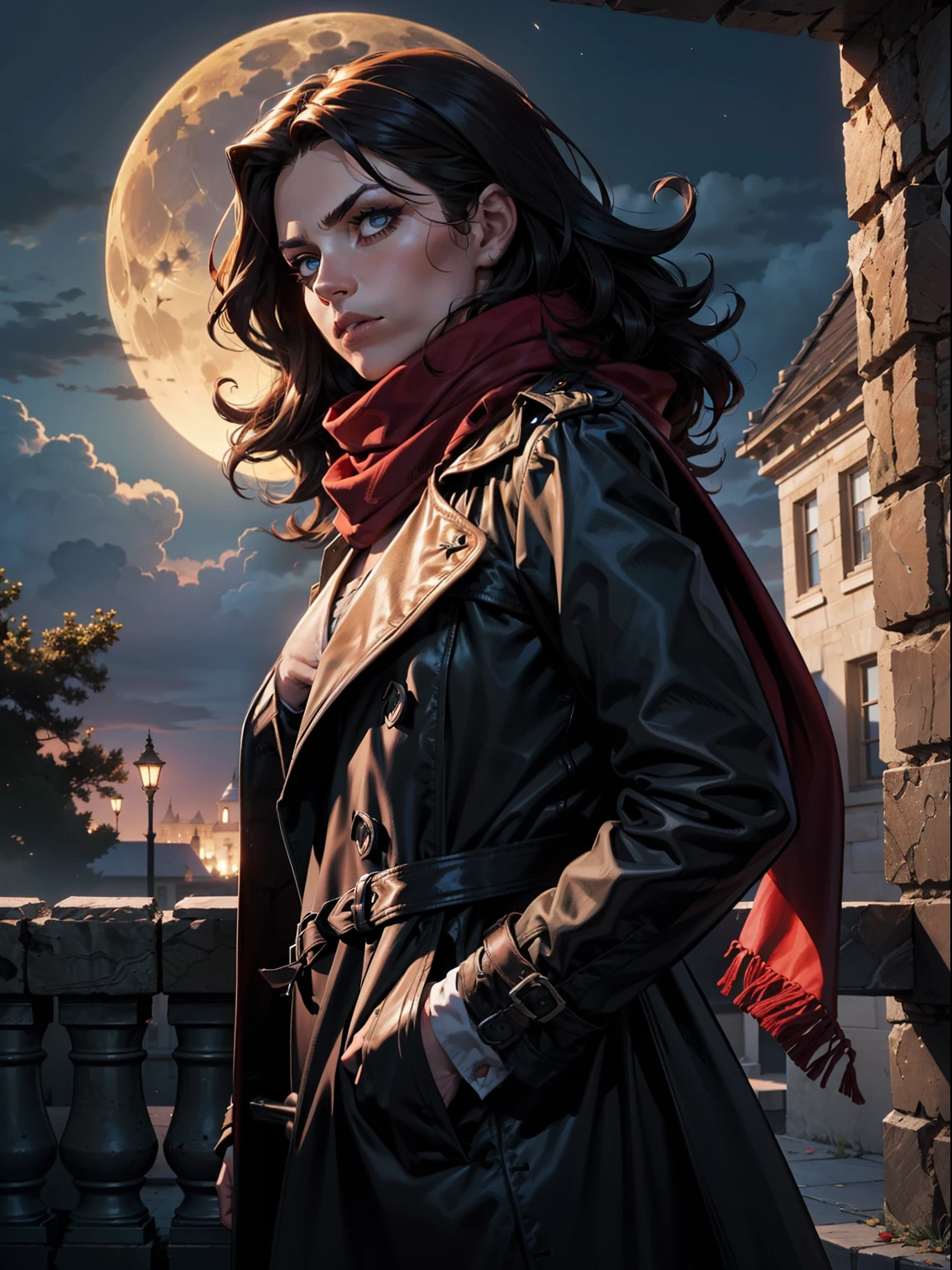 Fond de lune de sang de nuit sombre, Le style de donjon le plus sombre, Sadurang de Marvel, Morceau, wild mane, defined face, detailled eyes, Barbe courte, yeux rouges brillants, Dark Hair, Wear a stylish trench coat and red scarf