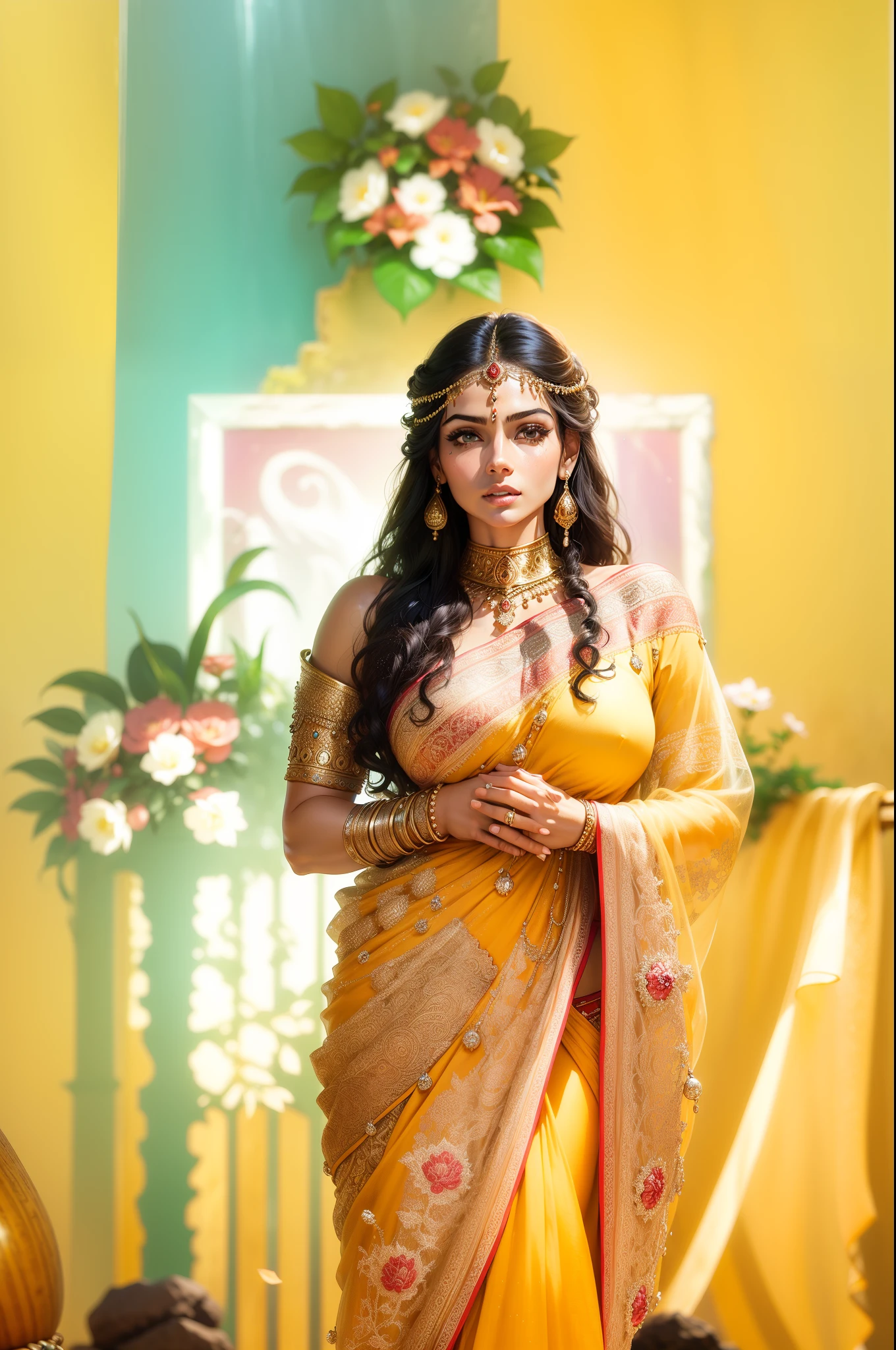 ((realistic:1.5)),((best quality)), ((masterpiece)),((detailed)), (1girl), {a beautiful female wearing a Sari}, (upper body:1.3),super-wide-angle lens,face focus, mature,sexy,toned muscles,long legs,curvy, barefoot, medium breasts, open cleavage, drooping breasts, thick thighs,wide hips, thin legs, green eyes,long black hair,floting hair,long eyelashes, (detailed face,beautiful eye, detailed pupilss,detailed clothes features, clear background:1.3), (Bindi,Jhumkas:1.3), (Armlet, Haar, Payal,Maang Tikka,Jhumkas,Kamarband,Bangles:1.3), mysterious ancient ruin, lush forests, deep canyons,bridge,river,cliff,cloud, lakes,rock,waterfalls, flowers, grass, fog,vine,tree, smoke, best shadow,bright details,sharp,perfect composistion, Intricate, Sharp focus, dramatic, by Frank Frazetta,by Julie Bell,by Olivia De Berardinis,by Luis Royo,by boris vallejo, (specular lighting:1.3),rim light, princesses, royal skimpy underwear, hugging and touching each other, teasing her friend's waist, gasping friend, biting her friend's ear lobe