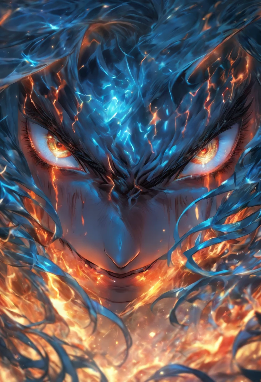 (ultra-detailed,realistic:1.37),(best quality,4k,highres),(Sharp focus, HDR),(portrait),(vivid colors),(beautiful detailed eyes,beautiful detailed lips,extremely detailed eyes and face,long eyelashes),(blue hair),(calm expression),(demon lord's cloak),(fantasy background),(soft lighting)