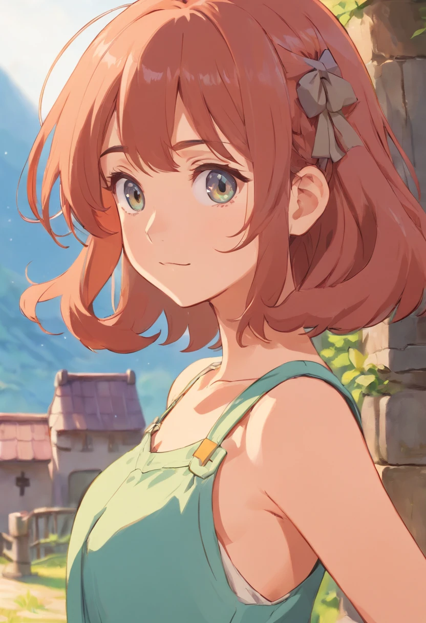 Anime, 2D, Cute Girl, Short Wavy Hair, Sleeveless clothes, Closeup, Solid Color, Simplistic Artstyle, No Gradient, Vignette, Dynamic Pose