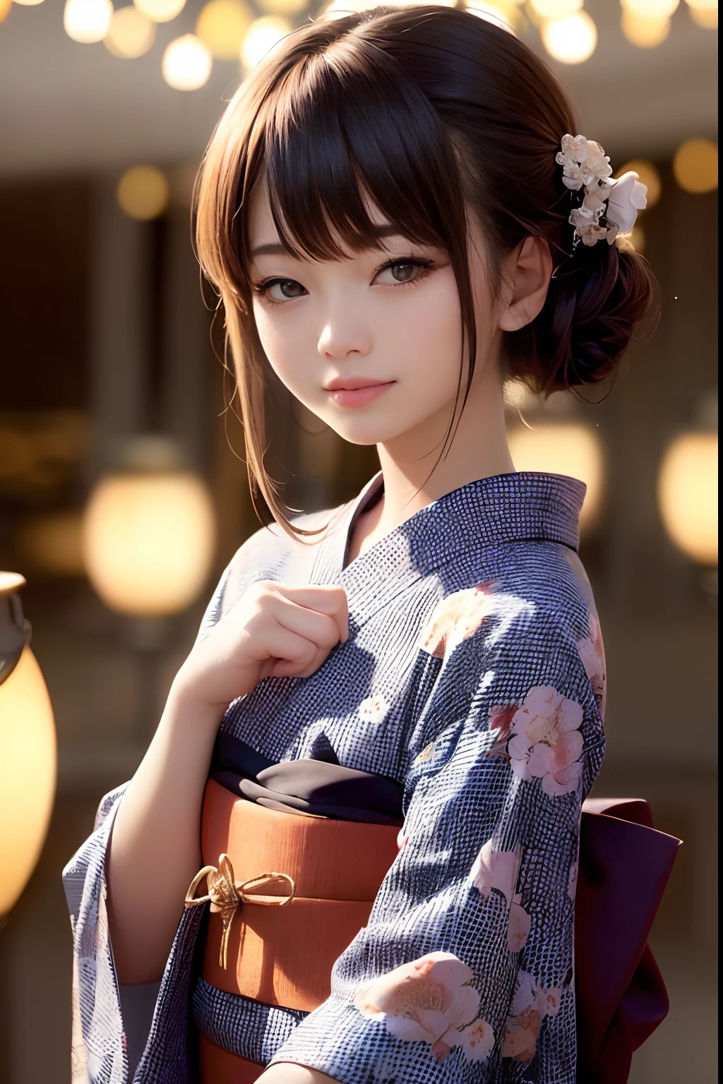 Upper body from the waist up、Are sleeping、nap、（Sleeping with your eyes closed）、(４In K、​masterpiece、hight resolution、Realistic and beautiful light and shadow、One girl、Solo Focus、(top-quality)、(Hi-Res)、(extremely delicate and beautiful)、(Beautiful 8k face)、(Brown-eyed)、(I close my eyes while smiling.)、(独奏)、(Clear skin)、(Soft hair)、(hugetits)、(Plaid kimono, Red and blue floral yukata)、((Awa Odori Pose))、((Bokeh lantern light night background))、((speedo))、(reality)、thin and small nose、（red lipsticks）、（Reddening cheeks）、poneyTail、（Lustrous skin）、((Ukiyo-e style))、Ultra-thin eyebrows、Ultra high image quality、（Wearing maiko-style makeup）、skin whitening、long and beautiful lashes、Turning around in the style of a Kyoto magazine model、((s asleep))、Lustrous skin、（Red-dyed cheeks）