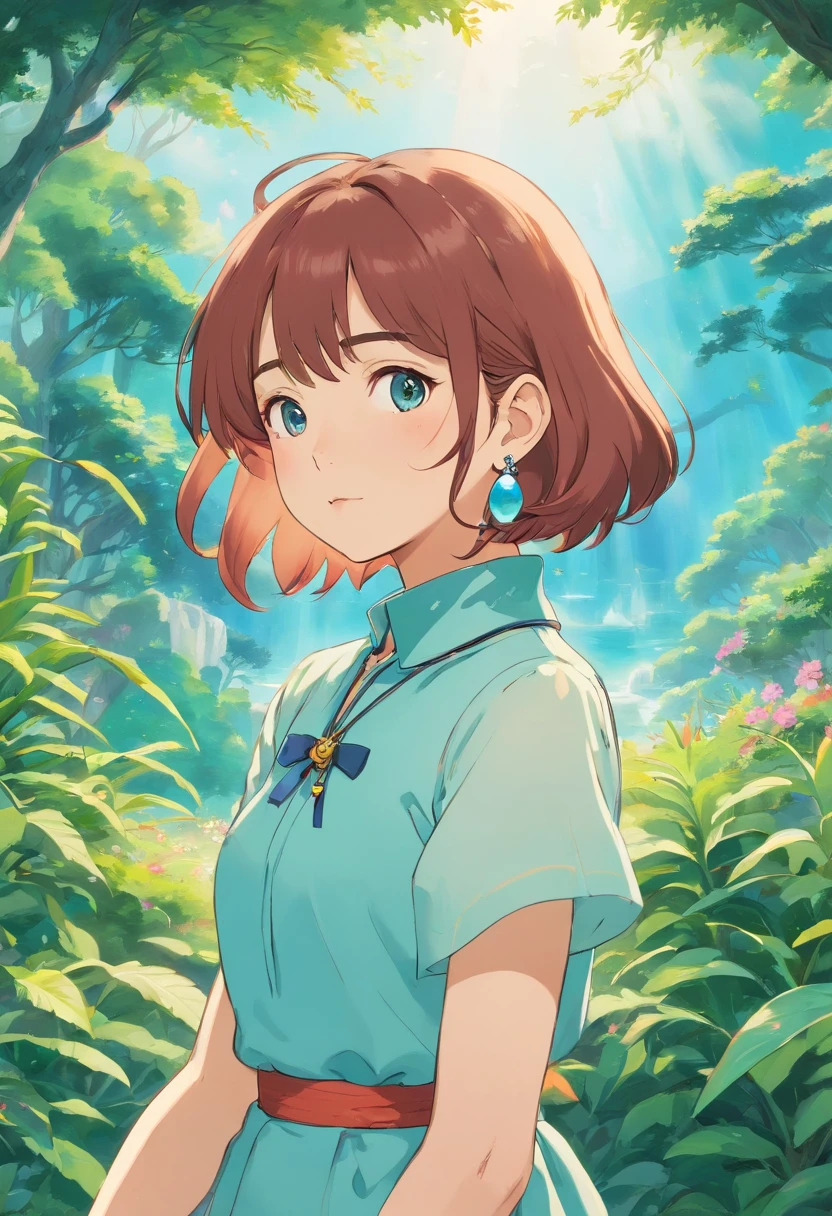 a girl wearing an anime collar, a long necklace and earrings, in the style of tranquil gardenscapes, colorful animation stills, masami teraoka, aquamarine, paul gauguin, Embry style, honest portrayal
