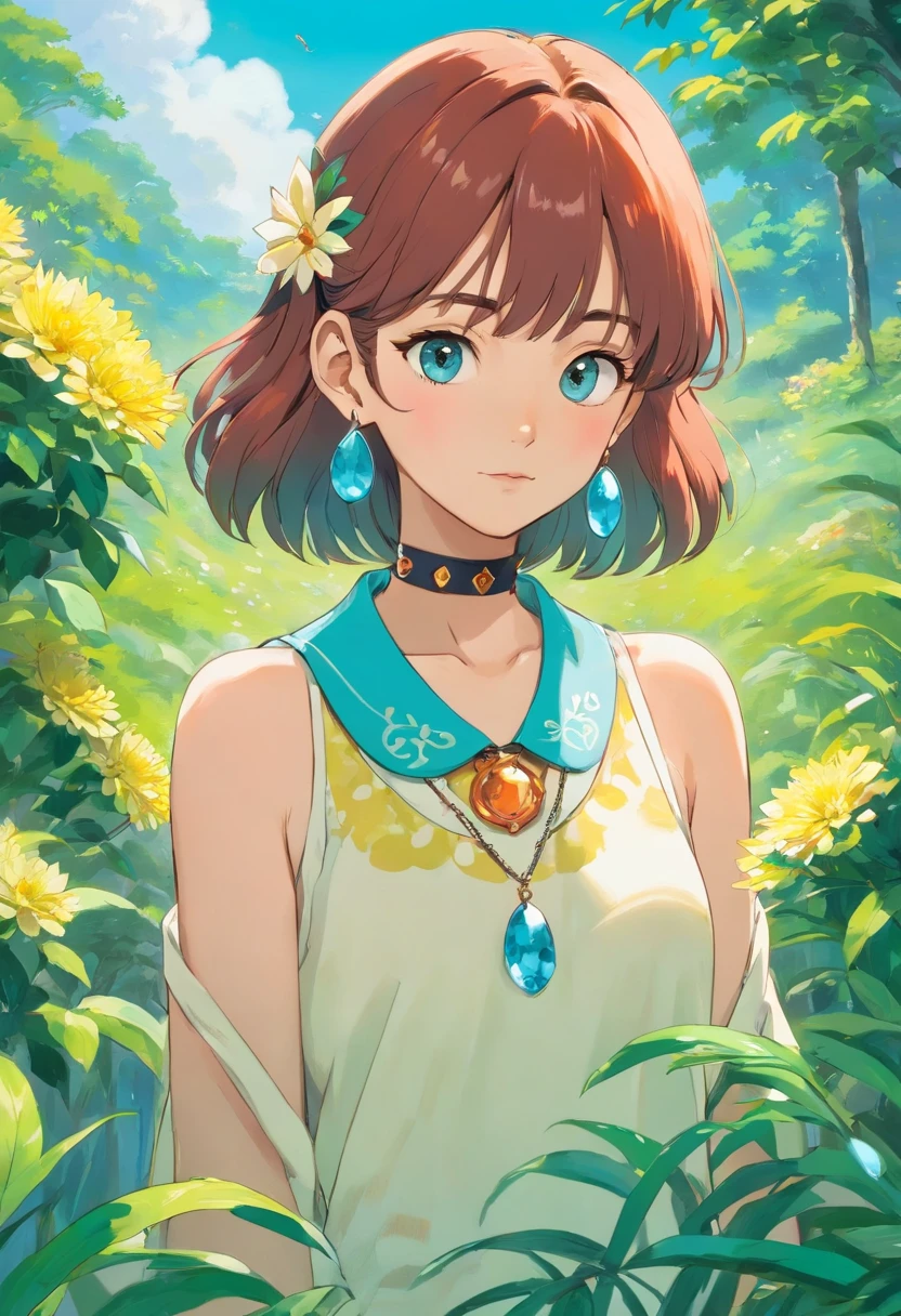 a girl wearing an anime collar, a long necklace and earrings, in the style of tranquil gardenscapes, colorful animation stills, masami teraoka, aquamarine, paul gauguin, Embry style, honest portrayal