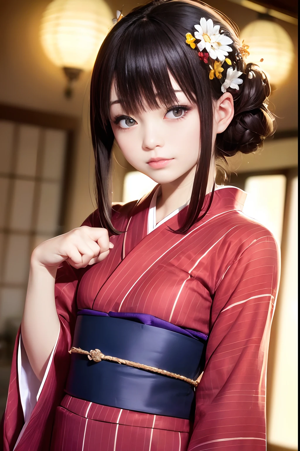 Upper body from the waist up、Are sleeping、nap、(Sleeping with your eyes closed)、(4In K、masterpiece、hight resolution、Realistic and beautiful light and shadow、One girl、Solo Focus、(top-quality)、(Hi-Res)、(extremely delicate and beautiful)、(Beautiful 8k face)、(Brown-eyed)、(I close my eyes while smiling.)、(独奏)、(Clear skin)、(Soft hair)、(hugetits)、(Plaid kimono, Red and blue floral yukata)、((Awa Odori Pose))、((Bokeh lantern light night background))、((speedo))、(reality)、thin and small nose、(red lipsticks)、(Reddening cheeks)、poneyTail、(Lustrous skin)、((Ukiyo-e style))、Ultra-thin eyebrows、Ultra high image quality、(Wearing maiko-style makeup)、skin whitening、long and beautiful lashes、Turning around in the style of a Kyoto magazine model、((s asleep))、Lustrous skin、(Red-dyed cheeks)