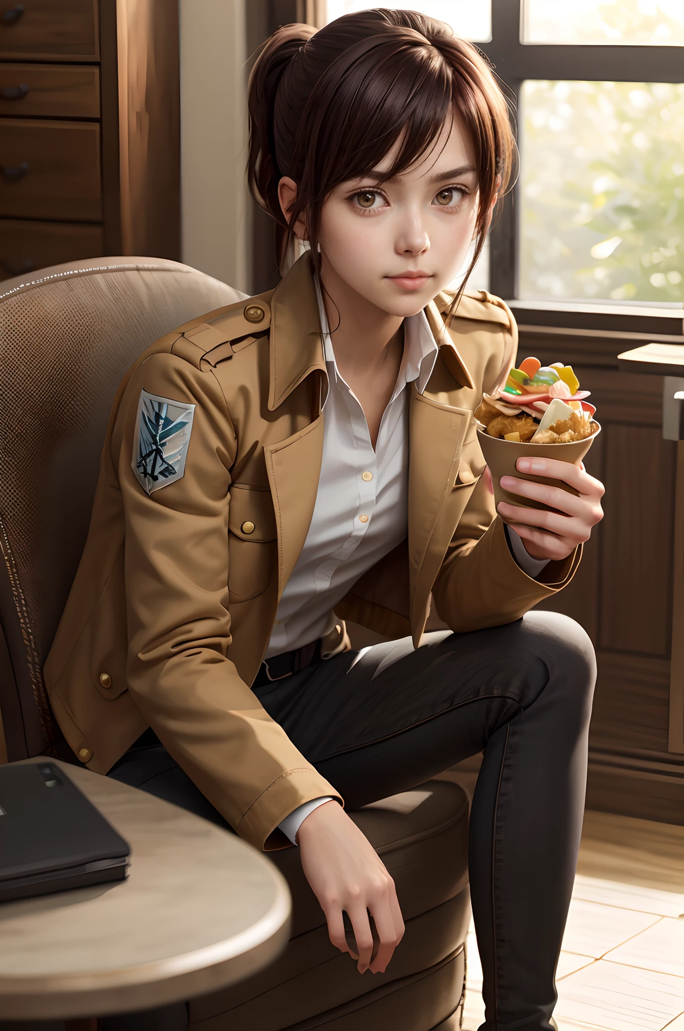 (masterpiece, best quality:1.2), solo, 1girl, sasha braus, expressionless, looking at viewer, sitting in a chair, holding food, constricted eyes, constricted pupils, paradis military uniform, jacket