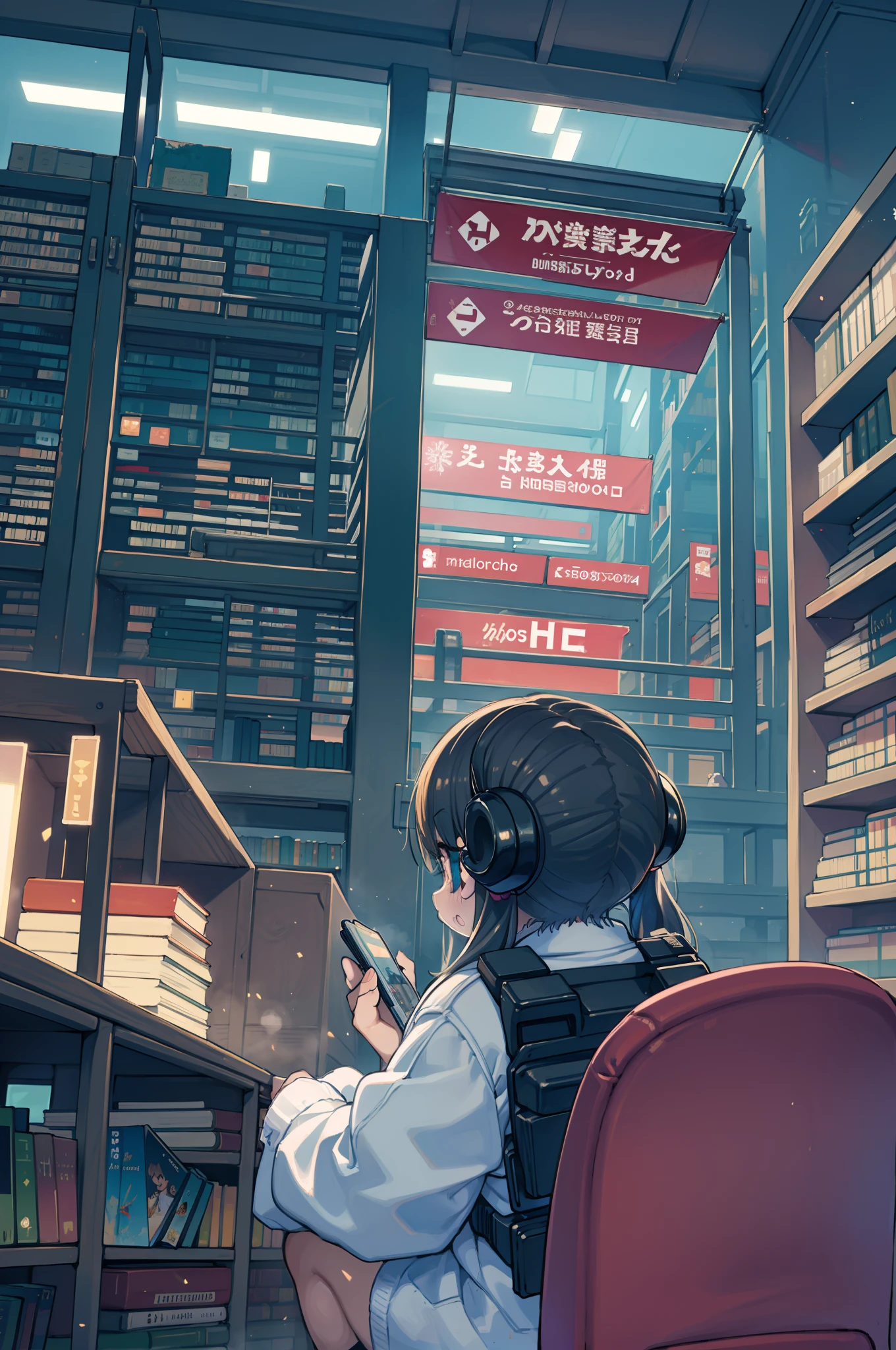A huge futuristic library with thousands of books. A cyberpunk kid in the center of the library is in awe