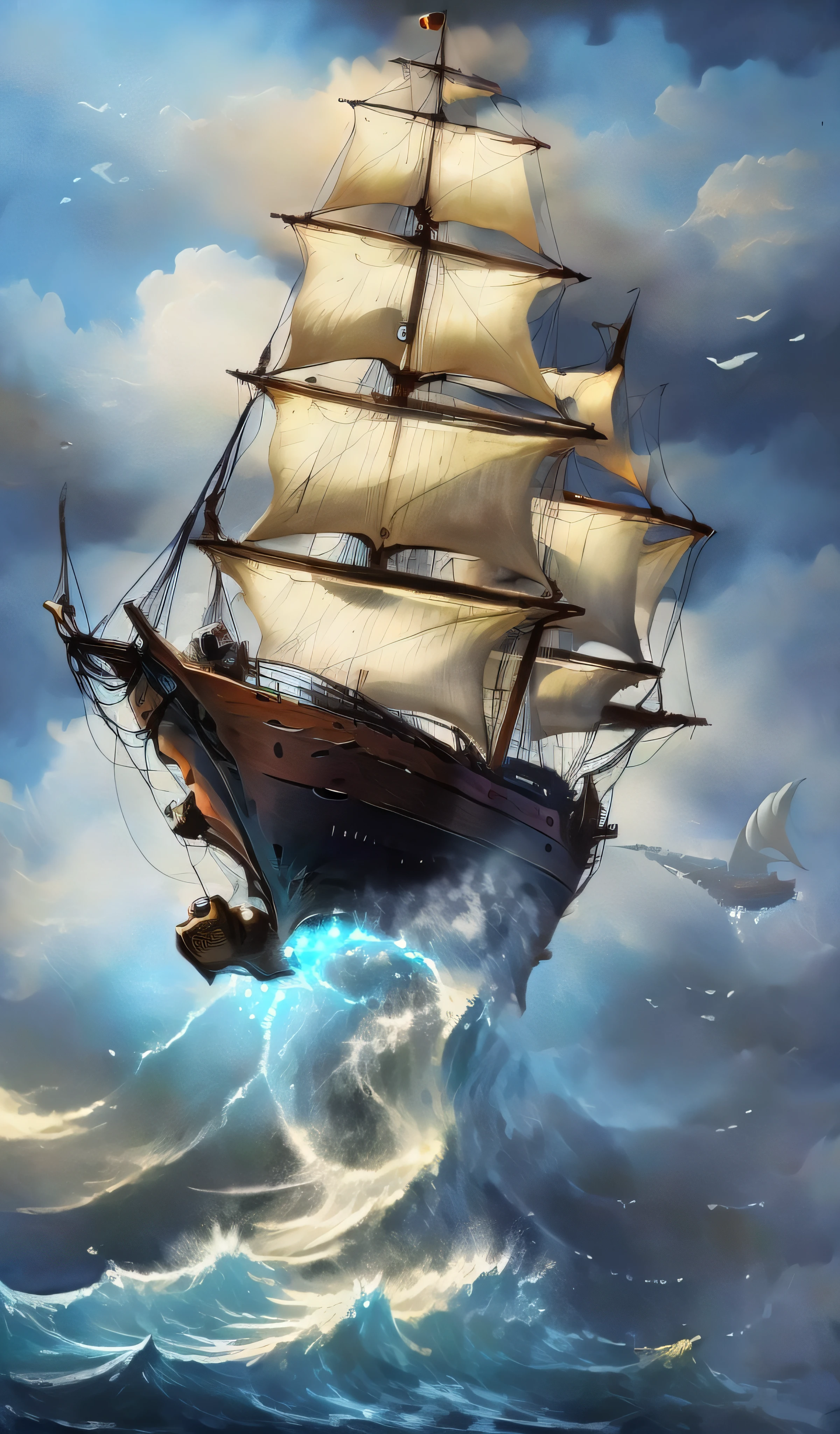 Super galleon type ship with a multitude of sails flying among the clouds and over a very rough sea with huge threatening waves that try to catch the ship