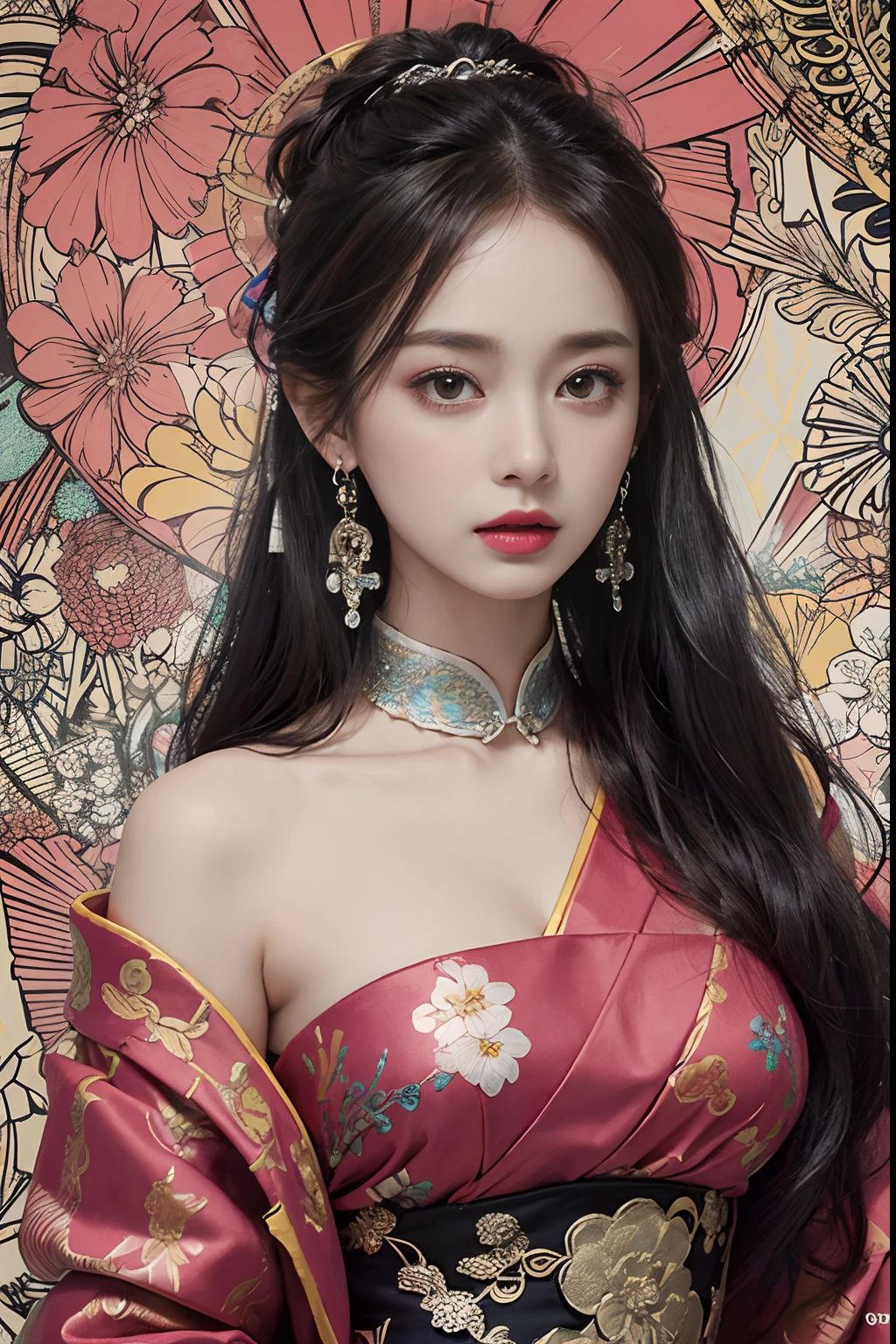(masterpiece, top quality, best quality, official art, beautiful and aesthetic:1.2), (1girl:1.3), extremely detailed,(fractal art:1.1),(colorful:1.1)(flowers:1.3),highest detailed,(zentangle:1.2), (dynamic pose), (abstract background:1.3), (chinese Traditional cloth:1.2), (shiny skin), (many colors:1.4), ,(earrings:1.4),
