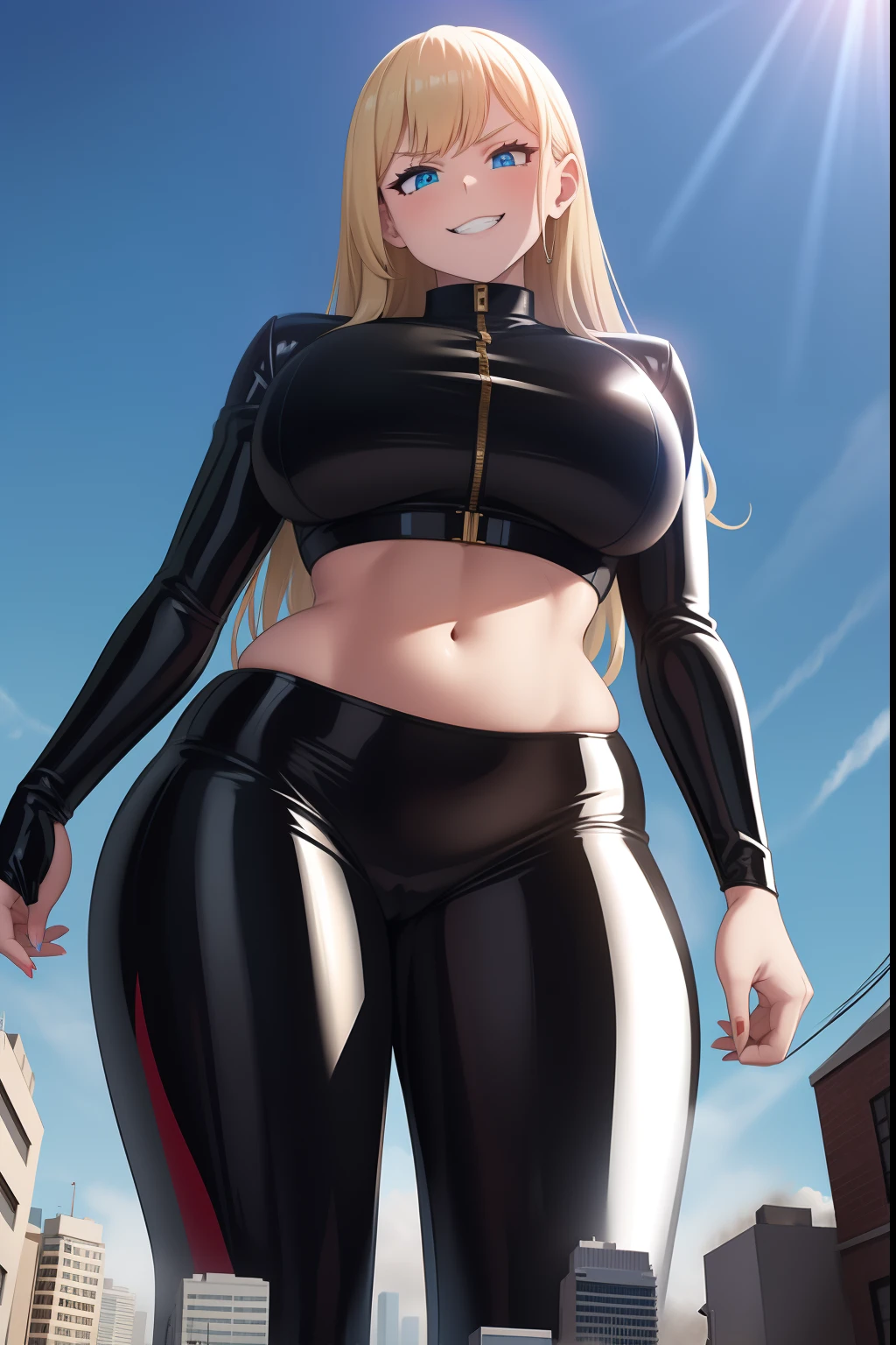 Giantess in a latex suit, midriff exposed, thigh high, curvy, busty, grin, evil, towering, destruction