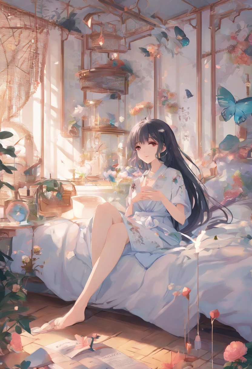 anime girl sitting on bed with birdcage in background, anime art wallpaper 8 k, anime style 4 k, 4k anime wallpaper, anime art wallpaper 4k, anime art wallpaper 4 k, anime wallpaper 4k, anime wallpaper 4 k, nightcore, anime moe artstyle, anime visual of a cute girl, best anime 4k konachan wallpaper