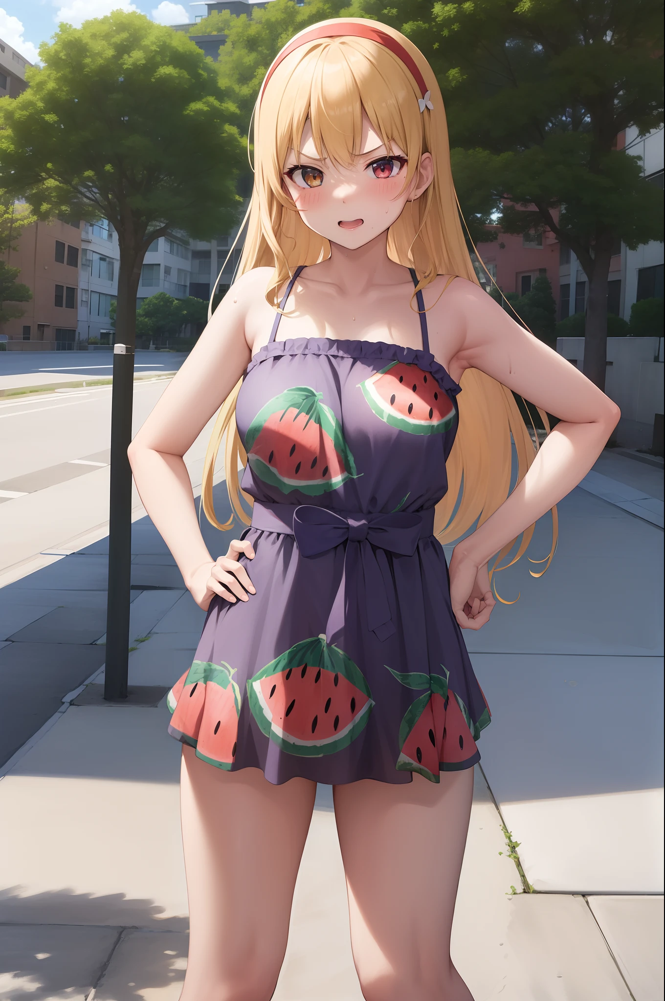 masterpiece, best quality, highres, sumire1, hairband, long hair, micro bikini,WATERMELON PRINT,horizontal watermelon print, outdoors, looking at viewer, sweating, sexy, sexy pose, sexual arousal,(lips:0.6), standing, angry, hands on hips,red face