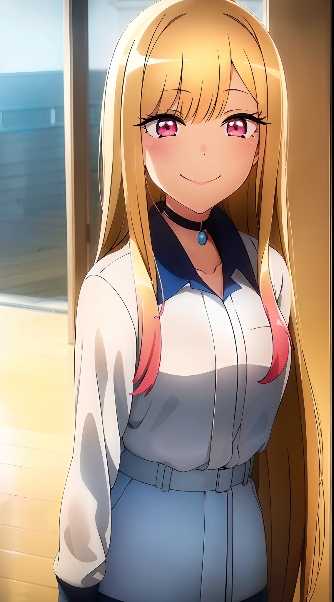 Alta qualidade, melhor qualidade, 4k, 8k, 1 girl, Kitagawa Marin, uniforme branco, roupa branca, uniforme branco, gravata azul, saia azul, cabelo longo, cabelo amarelo, cabelo longo amarelo, olhos rosas, olhos rosas, mechas rosas, adulta, alta, obra prima, altas luzes, ao ar livre, detalhes, seios grandes, adulta, alta, sorrindo, sorriso aberto