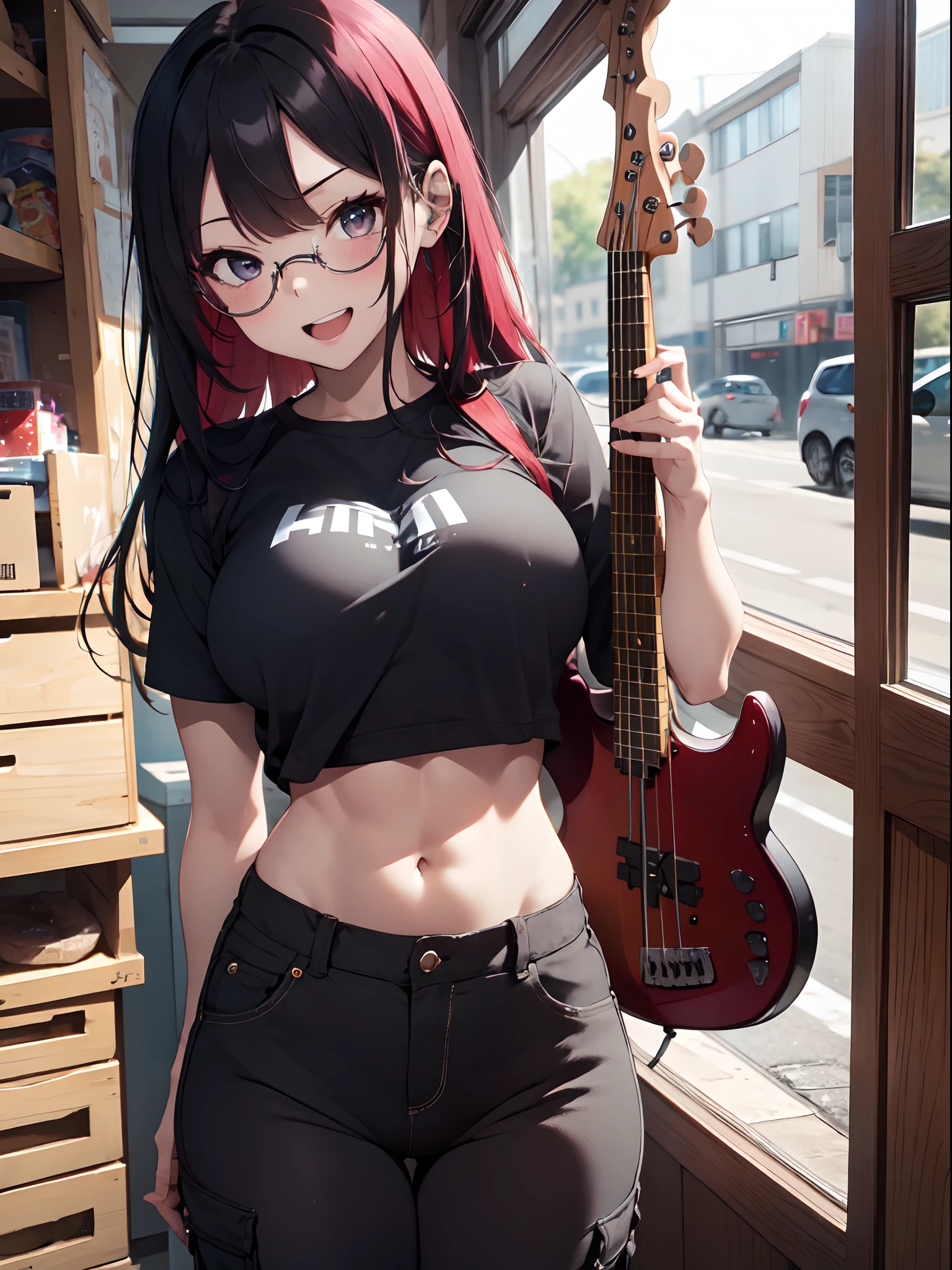 ((masterpiece)), 1girl, solo, black shirt, navel, crop top, punk, make up, abs, petite, big breasts, ((milf)), ((mature woman)), indoors, club, big breasts, perfect body, highleg panties, cargo pants, black pants, sunglasses, skindention, smirk, open mouth, teeth, long hair, black hair, red inner colored hair, colored inner hair, ((bass guitar)), cowboy shot