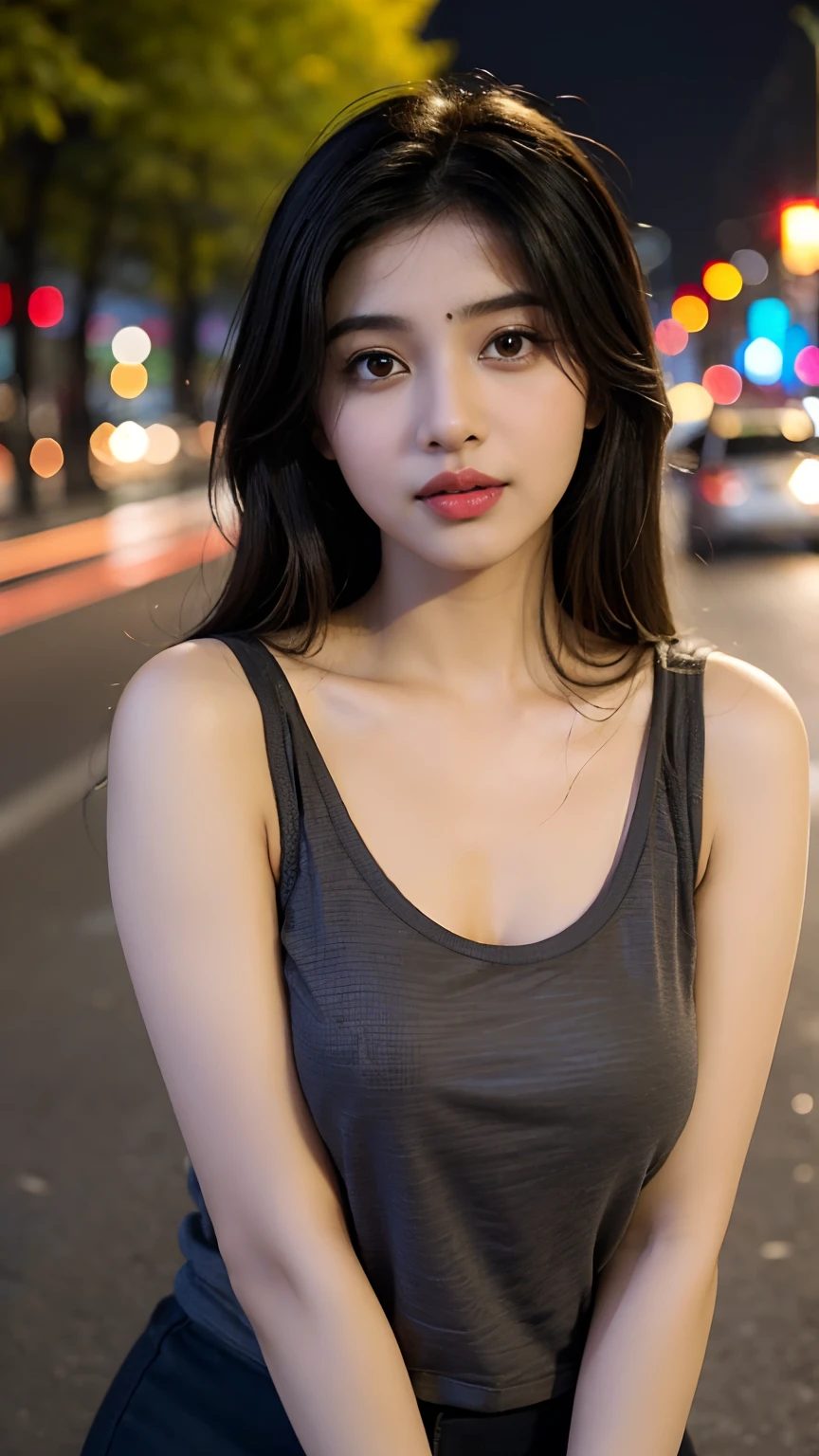 (((desi girl))), chubby face, natural skin, wearing hot top, charming black hair, ((hair ends are blonde)), city streets background, bokeh