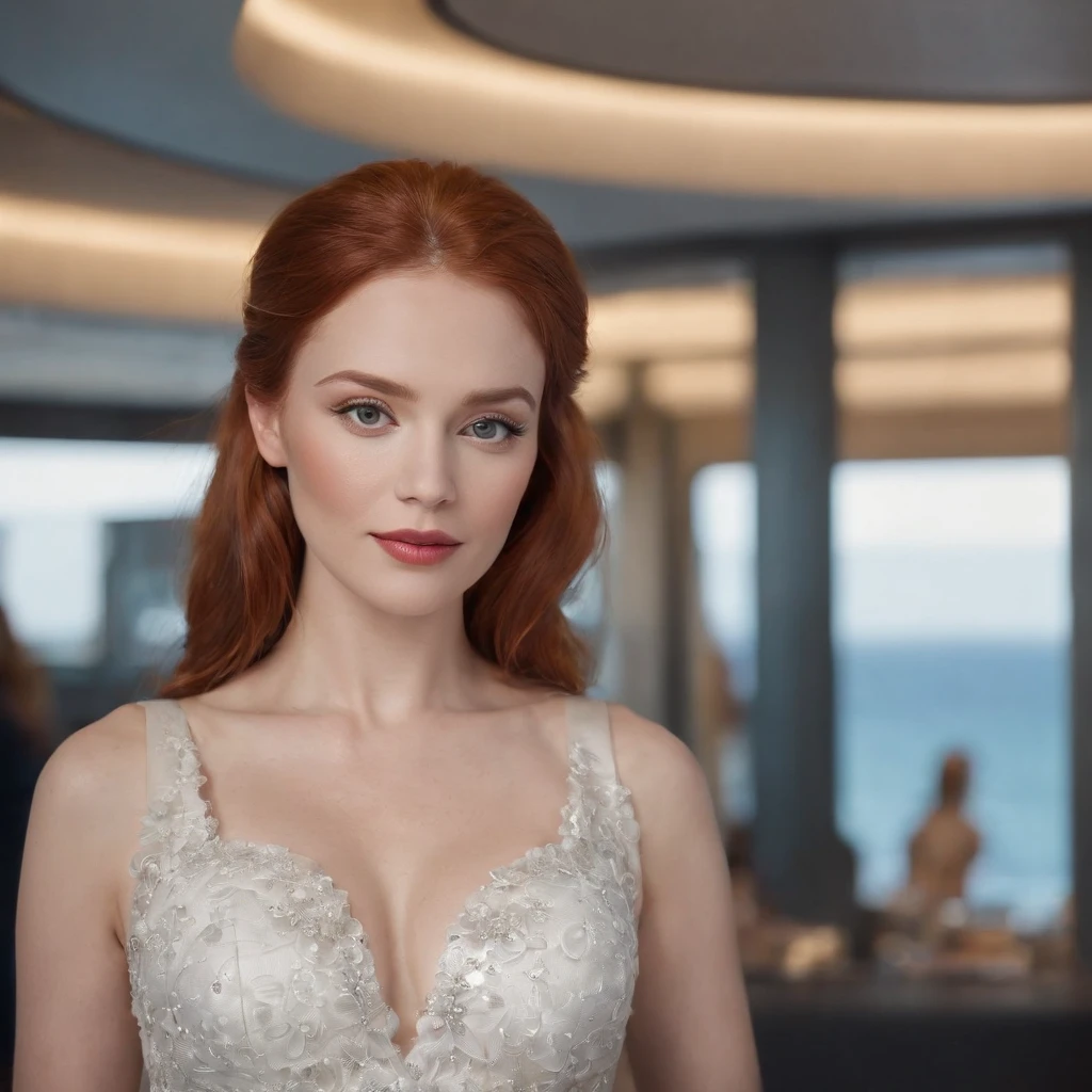 A new step for humanity, a supercomputer, an android relaxing on a luxury cruise ship, Android No. 2, a beautiful red-haired woman, a sexy dress, half of her body is a machine, high resolution, high quality novel and comical artwork, photorealism , futuristic art,