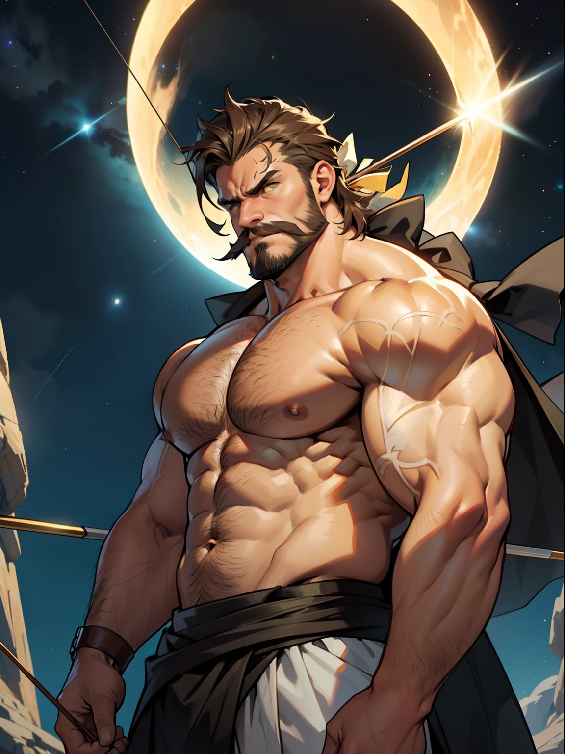 masterpiece,top-quality,Shirtless big man with big bow,Man Shooting Arrows,Fat Man,brown haired,Yellow eyes,mustache,Body hair is thick,well-muscled,Upper body naked,Wrapping a cloth around the body,Angry look,large bow with decoration,,,myth,cosmic space,The stars shine,Sagittarius is shining,Fragments of green light scattered in the air