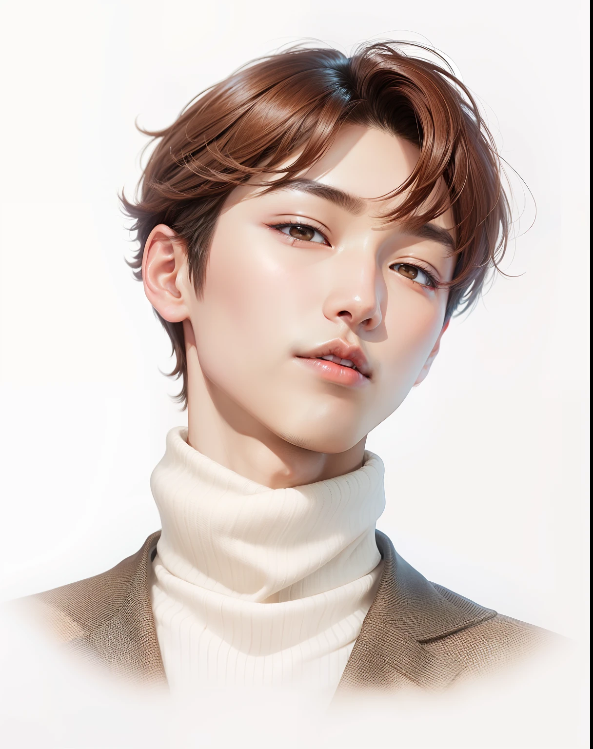 Korean handsome boy, brown hair, turtle neck,realistic