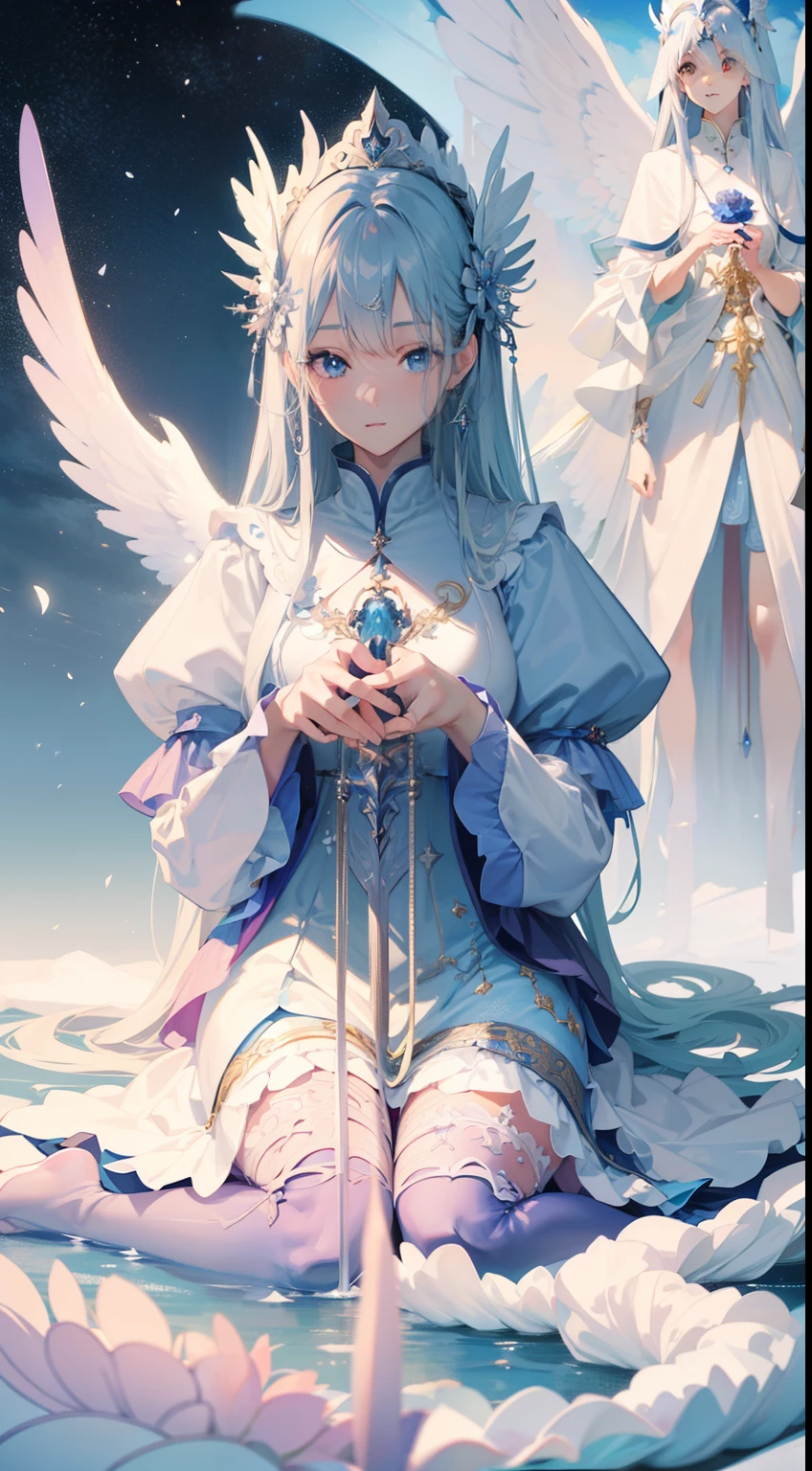 ((8K))、((32K))、((top-quality))、((masterpiece))、((超A high resolution))、detailed skin textures、Detailed Cloth Texture、beautifull detailed face、intricate-detail、ultra-detailliert、CGSetsoty Trends、extreme detail description、proffesional、Ultra-fine painting、Anime - stylistic image of a woman dressed as an angel、Highly detailed artgerm、ross tran 8 k、concept-art | Art Germ, anime goddess、full - body majestic angel、anime fantasy artwork、Art Germ、Anime Illustration、detailed fantasy art、Anime character with light blue-violet hair and white wings、Light blue-purple hair god、Majestic angel all over the body、Chen Wei Pan(Art Station)、High-quality detail art in 8K、3D Rendering Character Art in 8K、Girl of the Knight of Angels、as a mystical valkyrie、Silver and blue-violet armor dress、Silver and blue-violet long armor skirt、full armor、Holding a holy sword in one hand