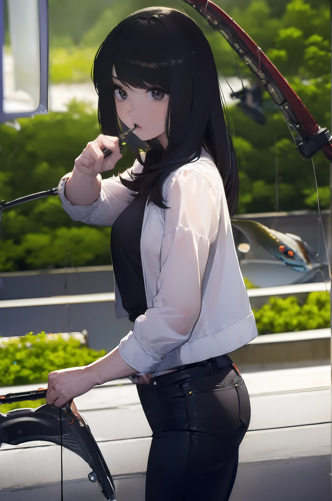 ((((having a fishing rod with a reel:1.5)))),((Female 28 years old)),((Best Quality:1.5)),(((Hands with the correct number and structure of fingers:1.4))),((riverside:1.37)),hight resolution,ultra-detailliert,​masterpiece,best qualtiy,(Eight-headed body),Black hair, long eyes-lashes, Solid Circle Eyes, drop shadow, Atmospheric perspective,Super Detail, ccurate, small brest,(Black jacket and black jeans :1.1),top-quality, blurry backround, bokeh dof:1.2, (​masterpiece:1.3),  Atmospheric perspective,Super Detail,dynamic compositions,