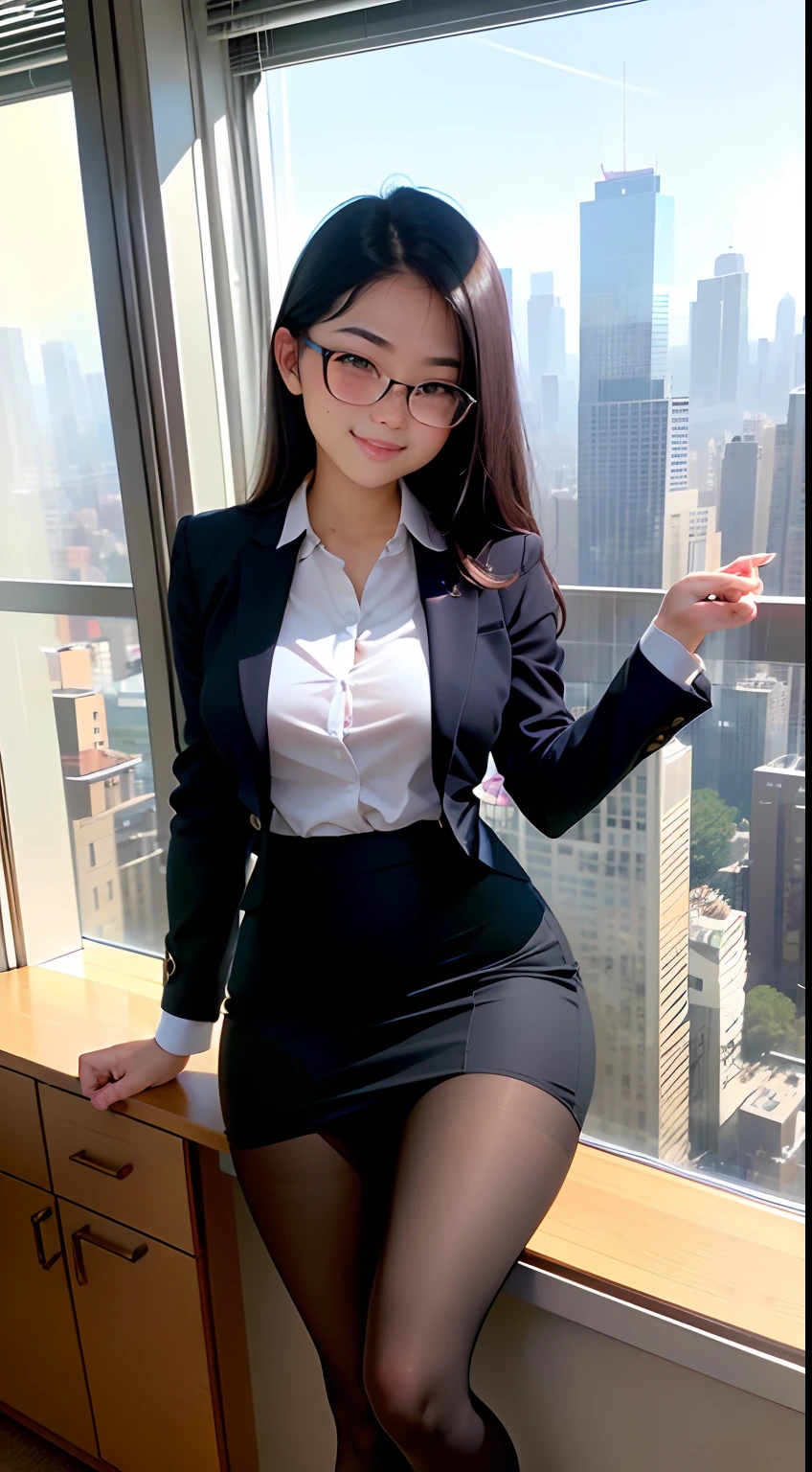 18y.o. slim, Asian female, glasses, freckles, cute smile, wearing pencil skirt outfit, pantyhose, no shoes, office, huge windows, cityscape