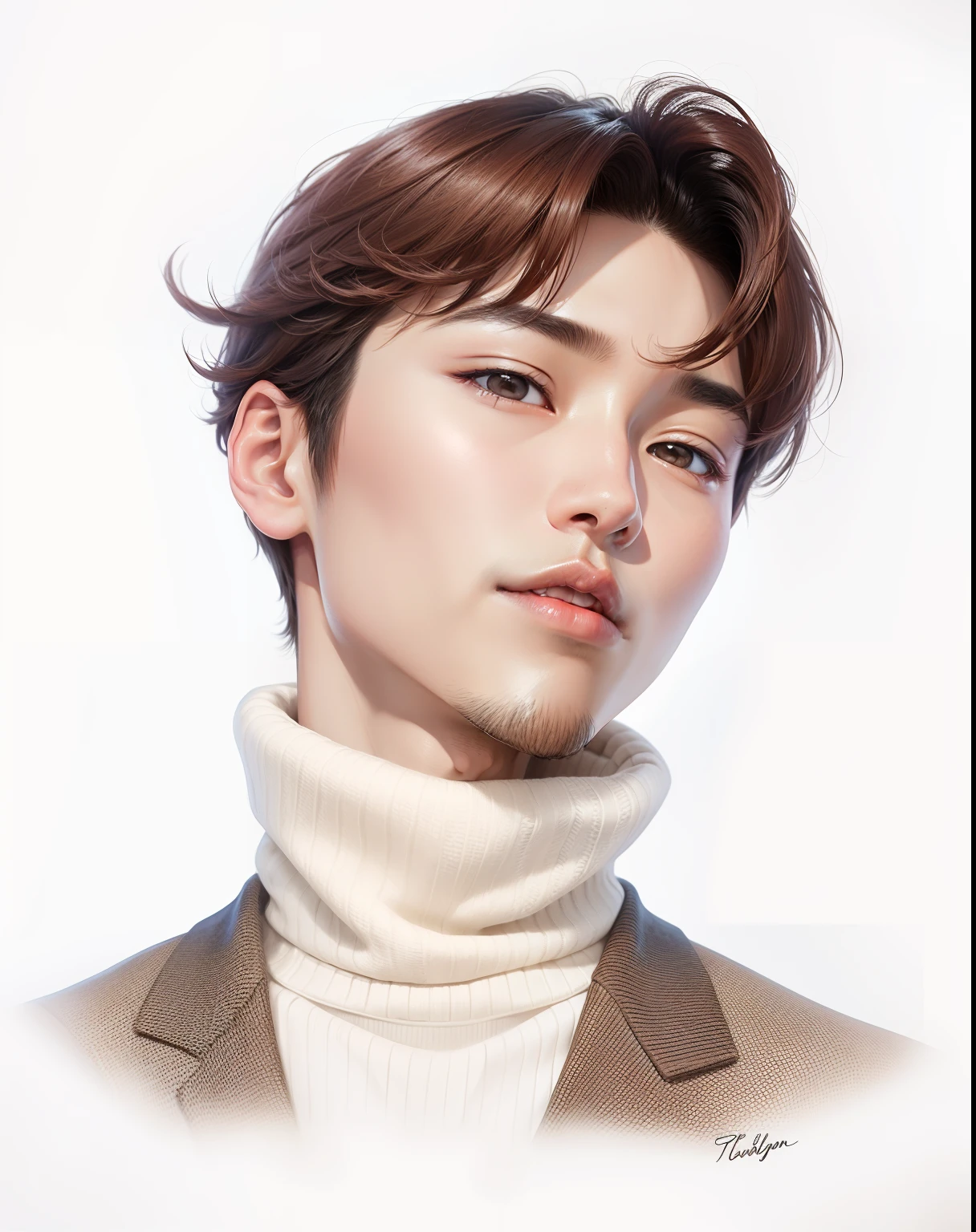 Korean handsome boy, brown hair, turtle neck,realistic