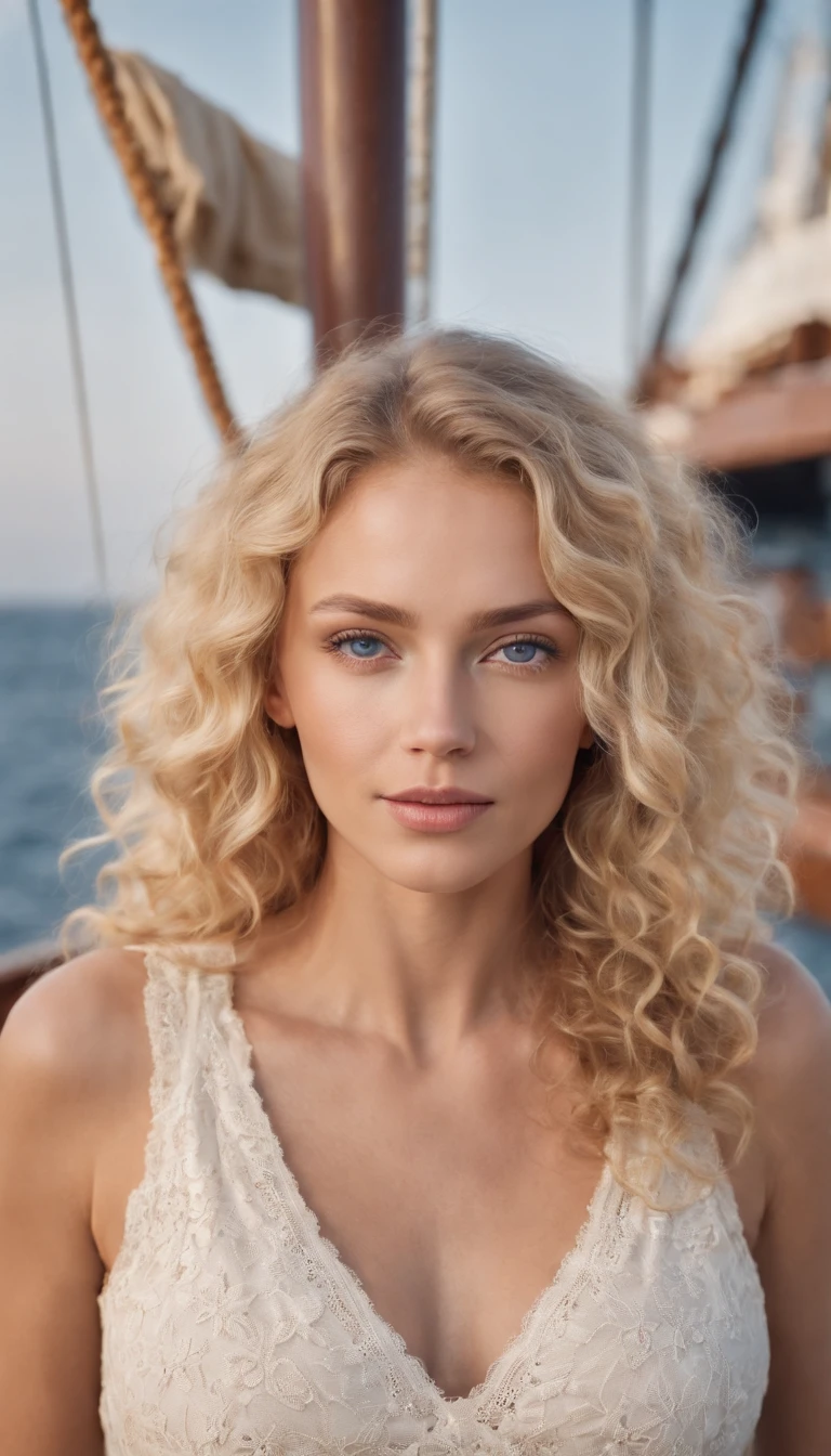 a beautiful blonde woman with curly hair, blue eyes, tanned skin, in summer clothes, on a ship, full body