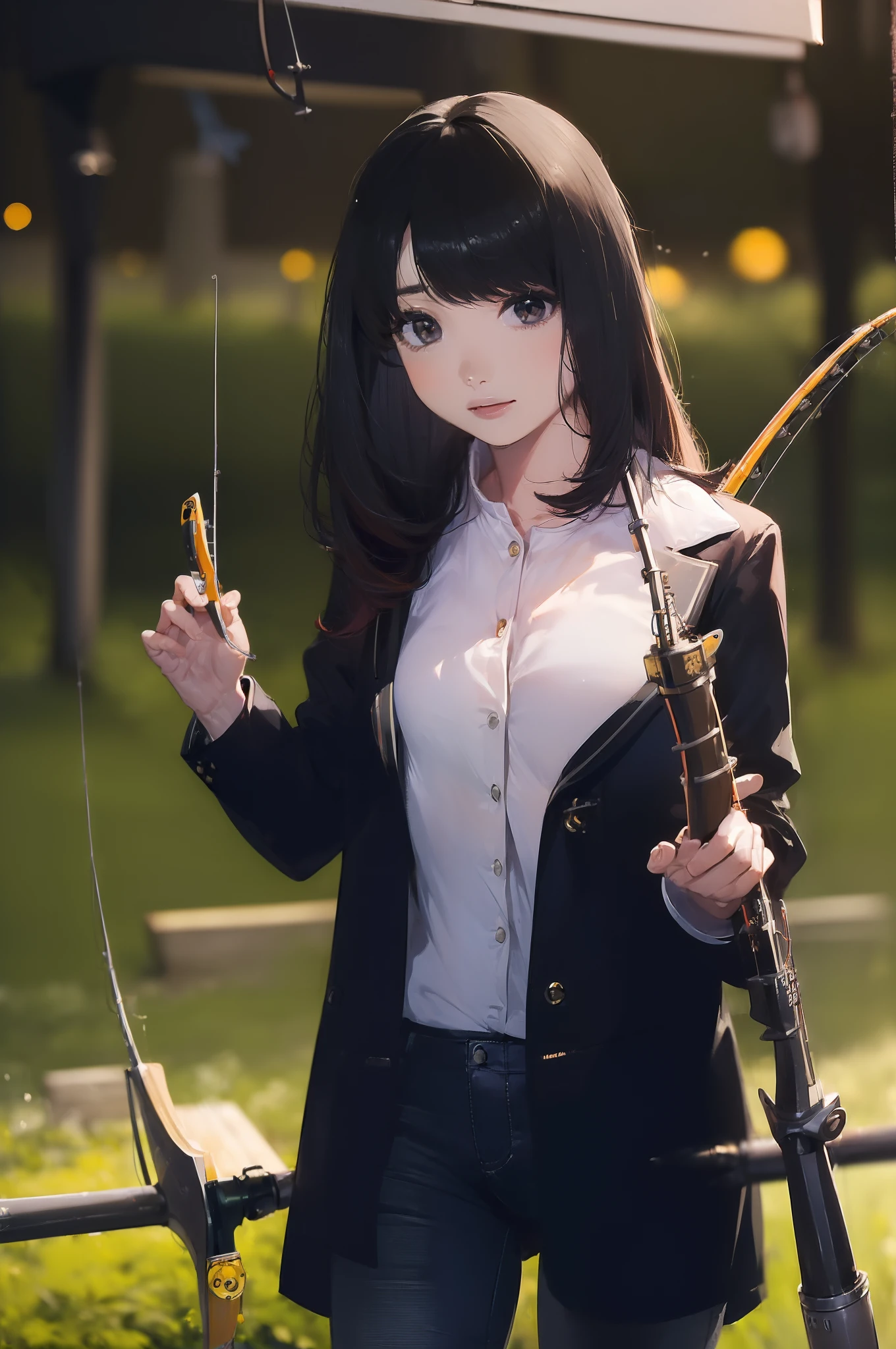 ((((having a fishing rod with a reel:1.5)))),((Female 28 years old)),((Best Quality:1.5)),(((Hands with the correct number and structure of fingers:1.4))),((riverside:1.37)),hight resolution,ultra-detailliert,​masterpiece,best qualtiy,(Eight-headed body),Black hair, long eyes-lashes, Solid Circle Eyes, drop shadow, Atmospheric perspective,Super Detail, ccurate, small brest,(Black jacket and black jeans :1.1),top-quality, blurry backround, bokeh dof:1.2, (​masterpiece:1.3),  Atmospheric perspective,Super Detail,dynamic compositions,