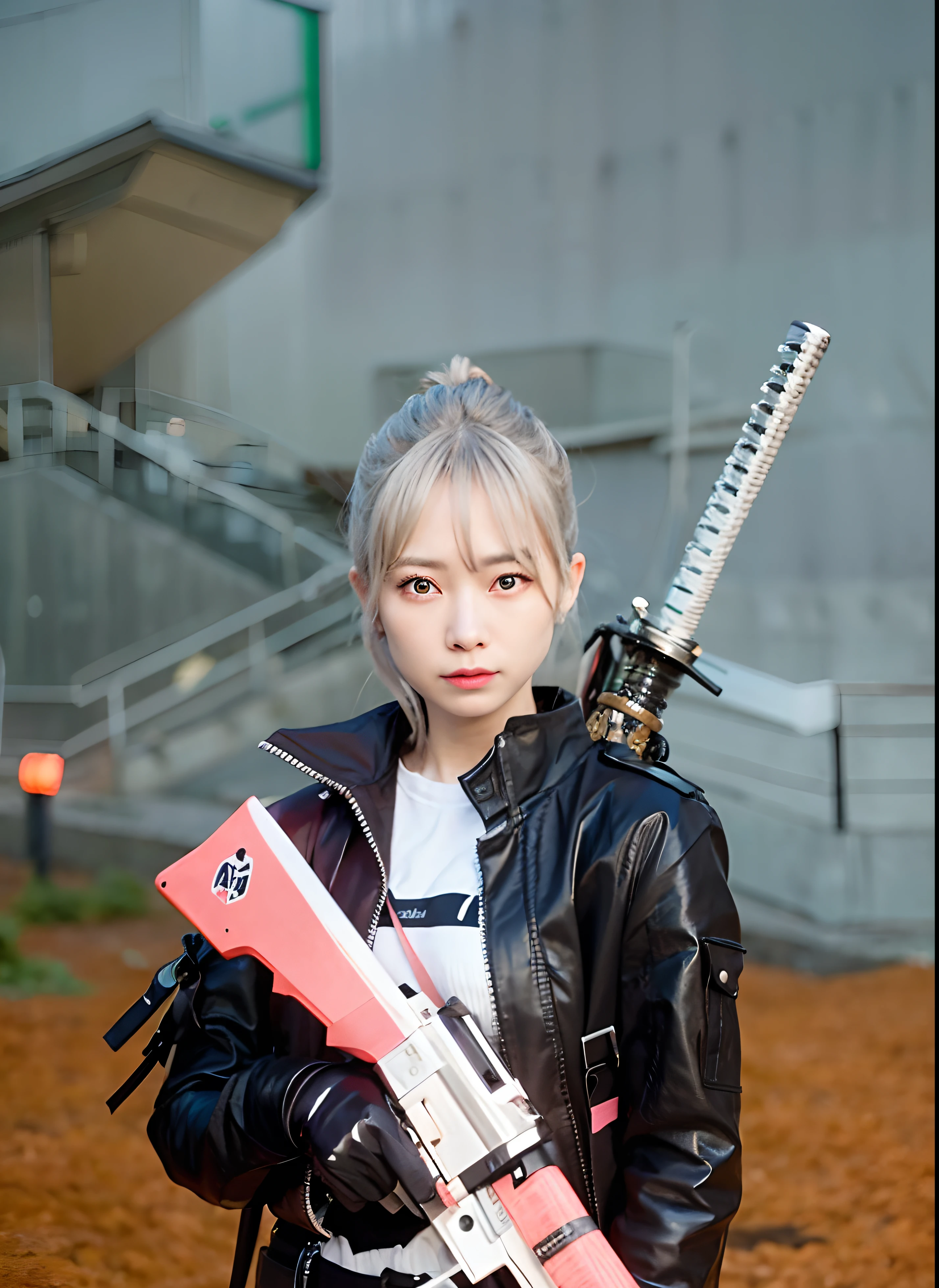 there is a woman holding a gun and a pink ak47, katana zero video game character, she is holding a katana sword, katana zero, katana, blue eyes, ornate korean polearm behind her, holding katana, unsheathing her katana, katanas strapped to her back, white croptop, silver hair, dramatic wielding katana pose, chainsaw sword katana, realistic, ultra detail,