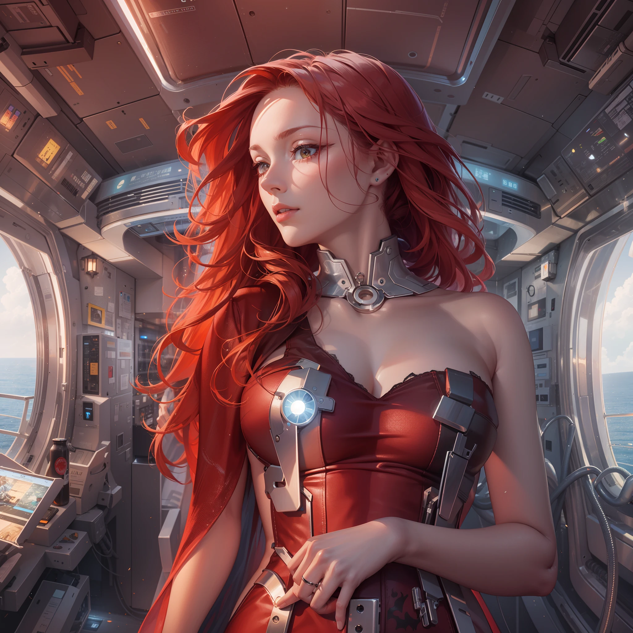 A new step for humanity, a supercomputer, an android relaxing on a luxury cruise ship, Android No. 2, a beautiful red-haired woman, a sexy dress, half of her body is a machine, high resolution, high quality novel and comical artwork, photorealism , futuristic art,