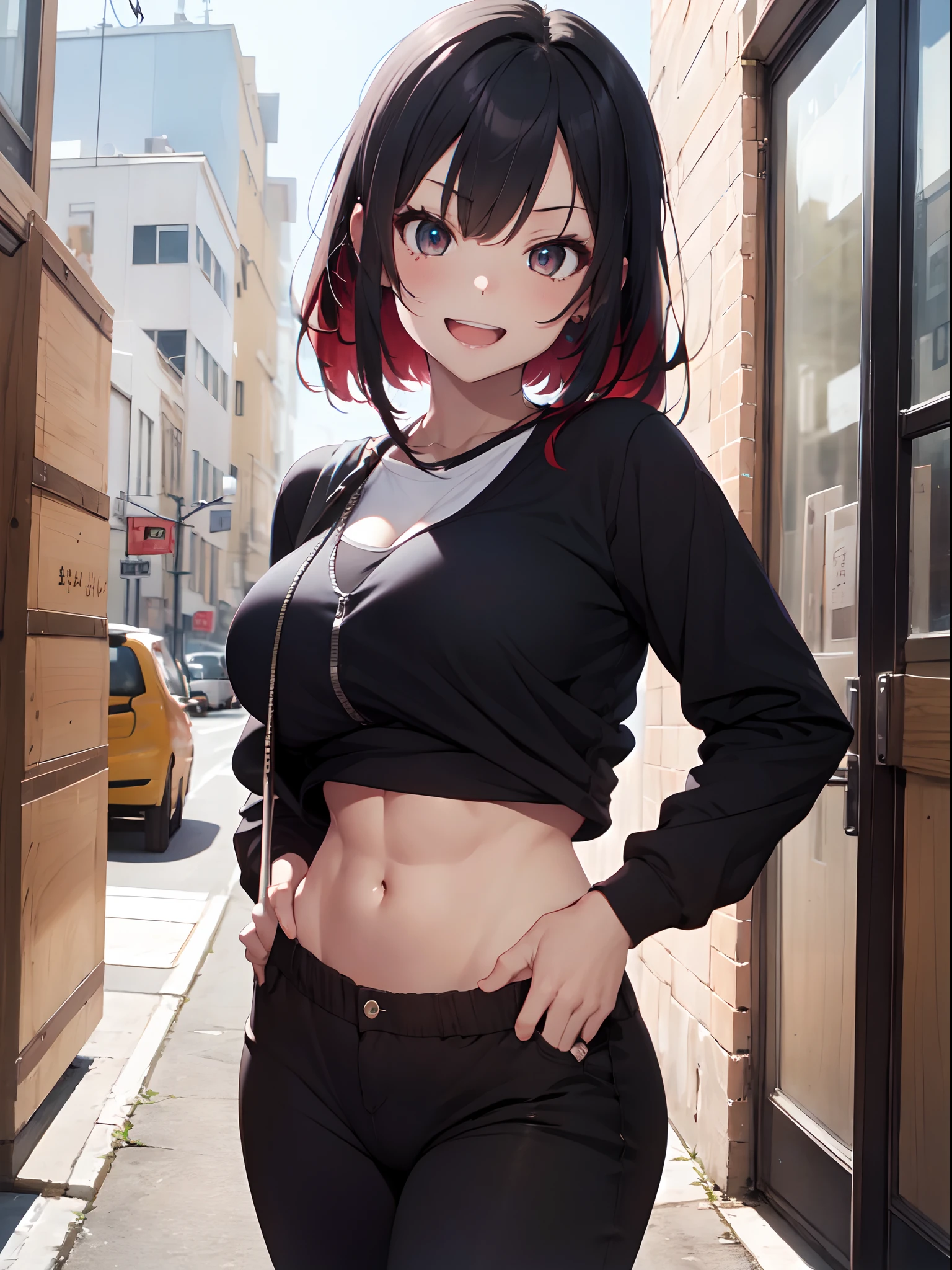 ((masterpiece)), 1girl, solo, black shirt, navel, crop top, punk, make up, abs, petite, big breasts, ((milf)), ((mature woman)), indoors, club, big breasts, perfect body, highleg panties, cargo pants, black pants, sunglasses, skindention, smirk, open mouth, teeth, long hair, black hair, red inner colored hair, colored inner hair, ((bass guitar)), cowboy shot