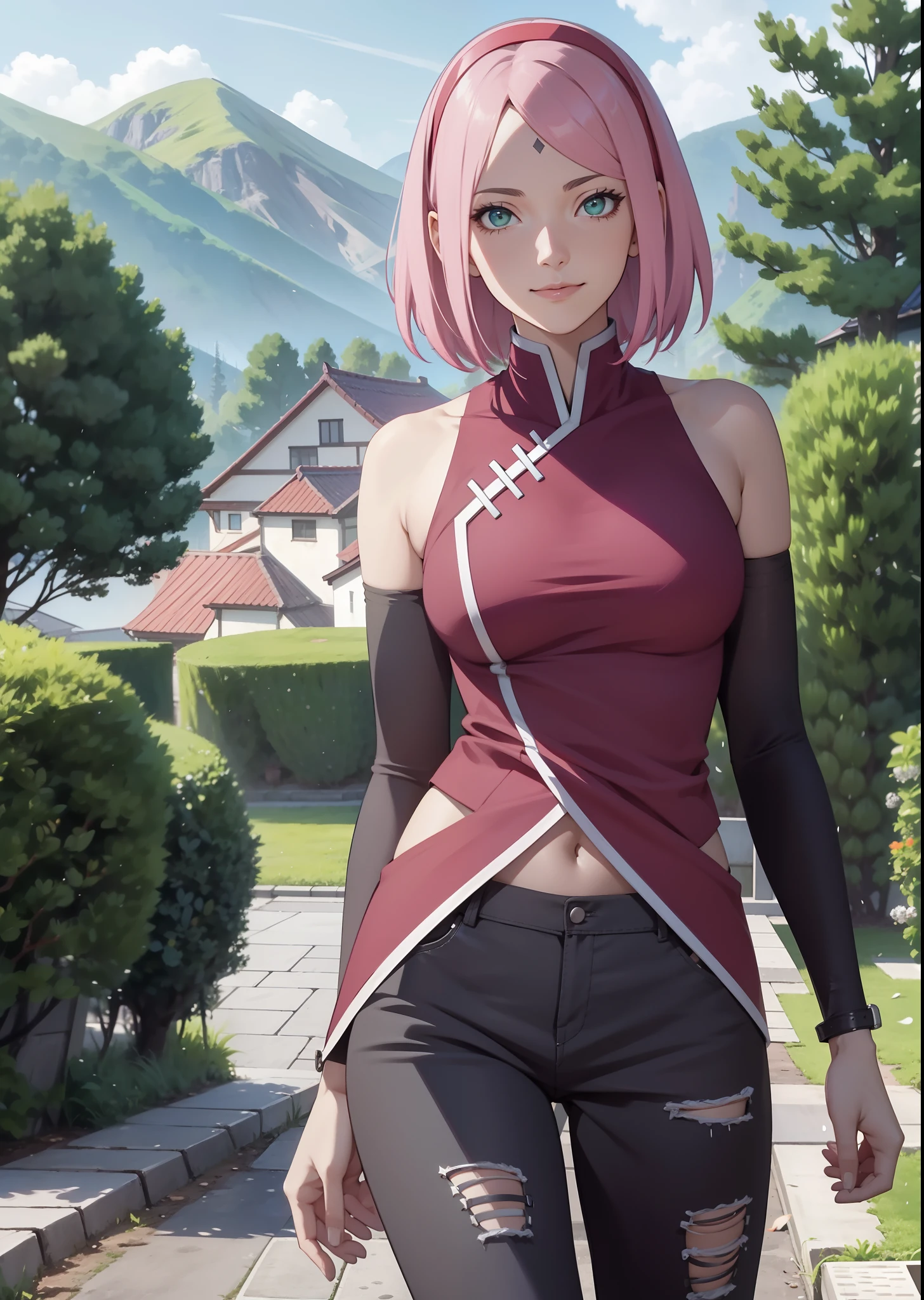 Sakura Haruno,女の子1人,kleine Brust,Perfect Body,schmale Taille,sexy body,hellrosa Haare,green eyes,symmetrisches Gesicht,Sharpness,scharfer Fokus,Extrem detaillierte Kleidung,cute smile,Blick auf den Betrachter,Stillstand,aufrecht stehend,Beautiful garden in the background,dunkelblaue Raute auf der Stirn,schwarze Handschuhe,rotes Haarband,White, sehr enges offenes hemd,Sexy Outfit,Breasts pressed together, sehr weiter ausschnitt,Bauchfrei,Skinny Jeans Shorts,half body,half body portrait,Upper Body Only