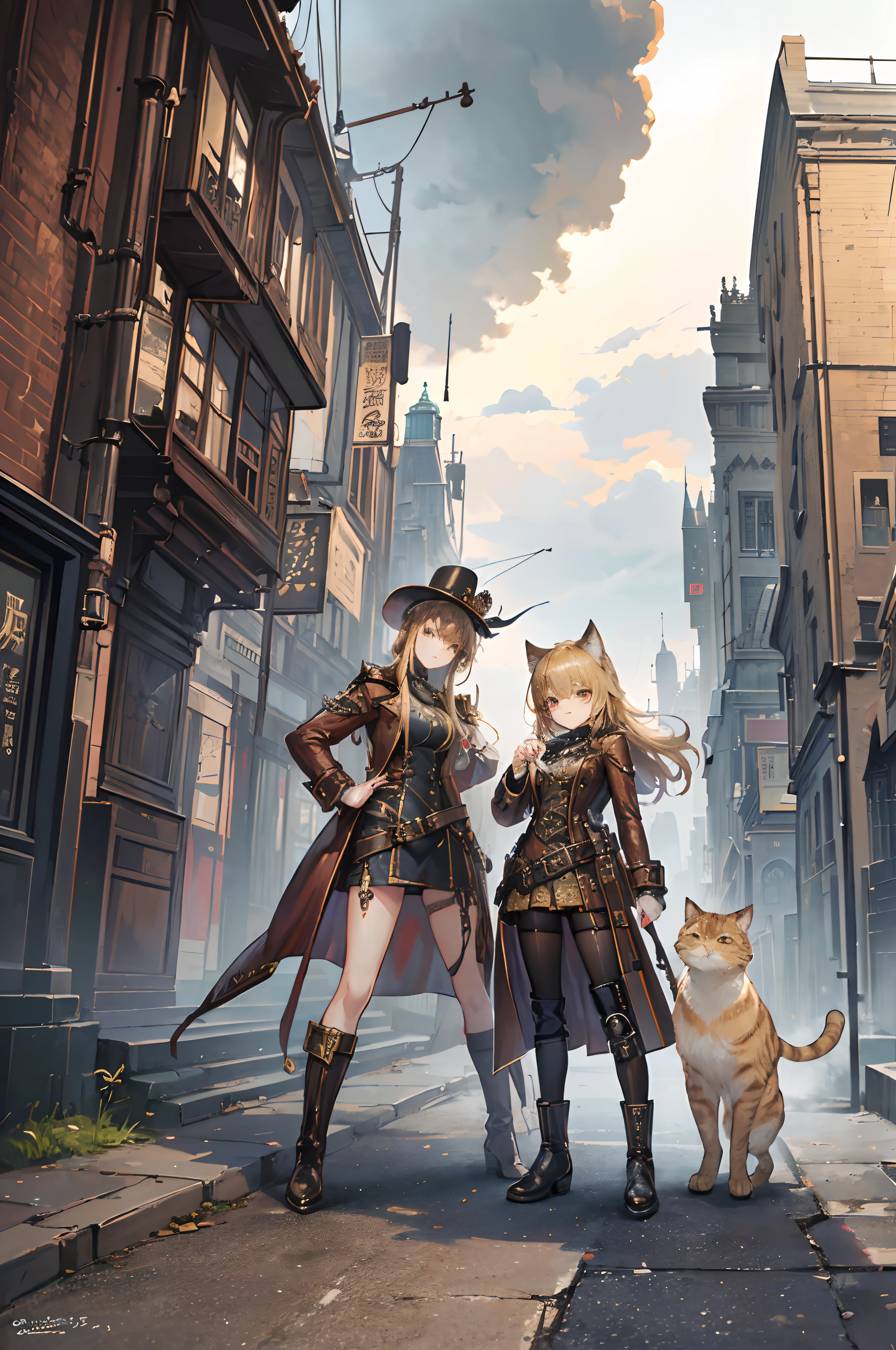 masterpiece,8K,超A high resolution,Detailed description,Smooth depiction,Accurate rendering,Inverted triangle composition,(London、Victorian culture:1.5)、((Equipped with a reinforcement mechanism that moves with countless gears)),Beautiful golden cat eyes,Whitening skin,12-year-old Western-style beautiful girl in anime style,Wearing an antique leather coat with steampunk-style gear and watch embellishments,Metallic boots,Vast steam、Complex cities、Buildings built with pipes, Steam and gears、Overhead scenery,Full body depiction,Splash Art Style,