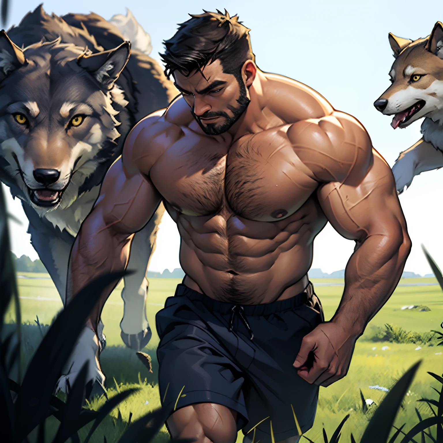 30 years old, The male, Fully naked, stubbles, Huge muscles, Mature man, Muscle swelling, Bodybuilding, chest muscles, Abs, Natural light, Wheat-colored skin, 1人, Wolverine, Naked, werecreature, Predators and prey, Hunting, Run an empty field, Side view, Wolves as pets,, Shows a man's entire body side view, The wolf cub is following the man, wide - angle shot, Best quality, Highly detailed, Chase sheep, Frightened sheep