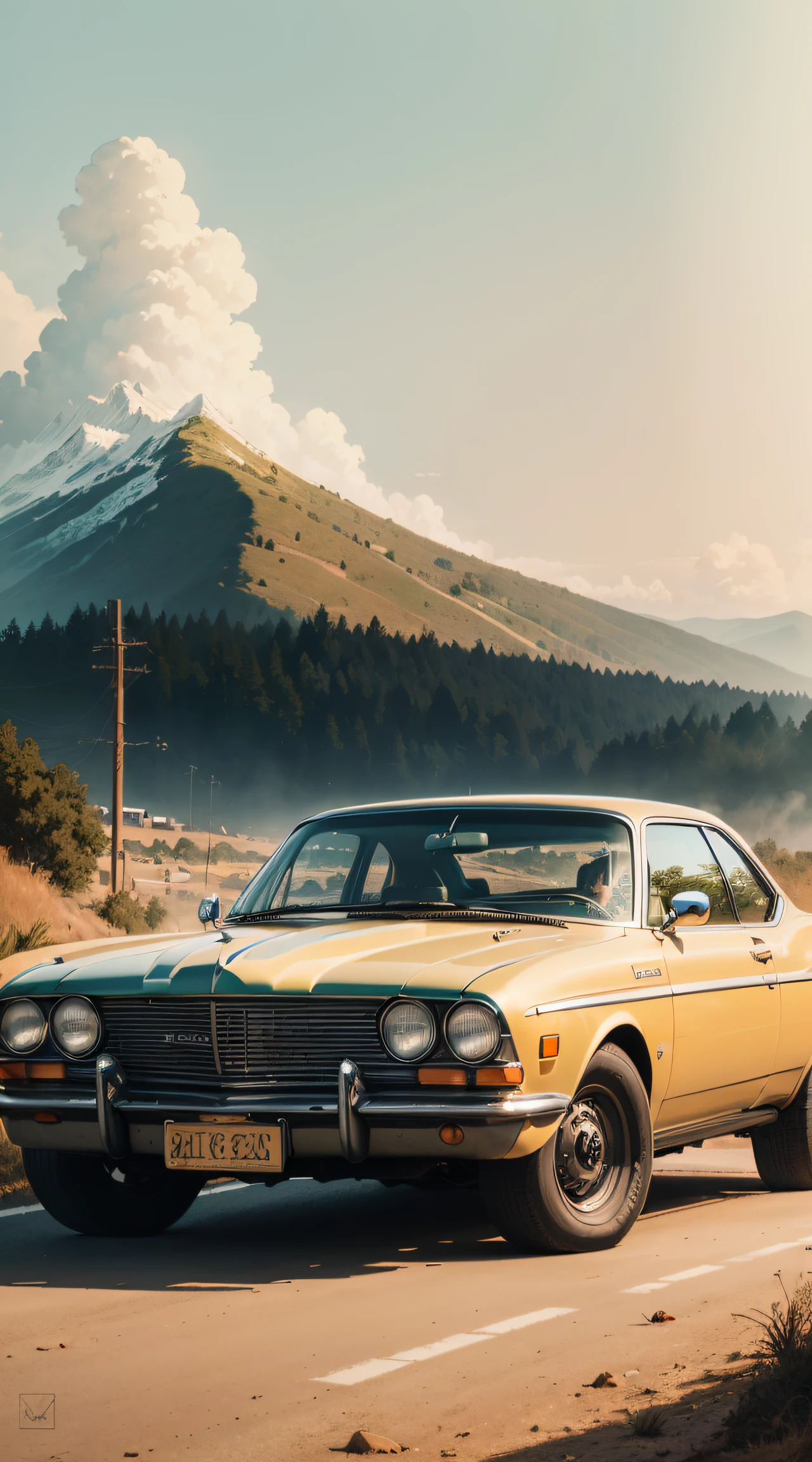 ((best quality:1.4)), ((masterpiece:1.4)), ((detailed:1.3)), 4k, digital art, retro, pastel colors, vintage-style car, vector Art, Dan Mumford, burst of colours in the background