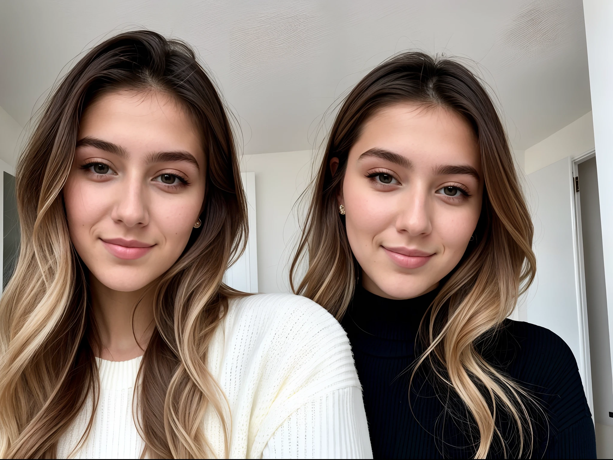 Instagram-Foto, selfie Nahaufnahme Gesicht Foto von 23 Y.o Chloe in Fashion designer clothes, Spaltung, blasse Haut, (smil:0.4), Harte Schatten