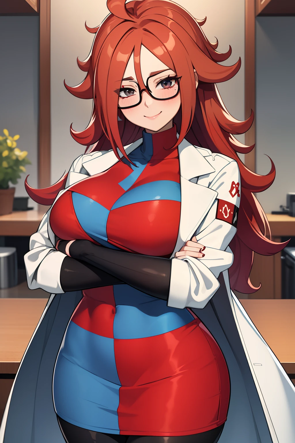 masterpiece, best quality, defa21, checkered dress, labcoat, black pantyhose, upper body, large breasts, smile, blush, happy , looking at viewer, closed mouth, countertop, science, beakers, microscope, crossed arms, in love, red hair, scarlet hair,