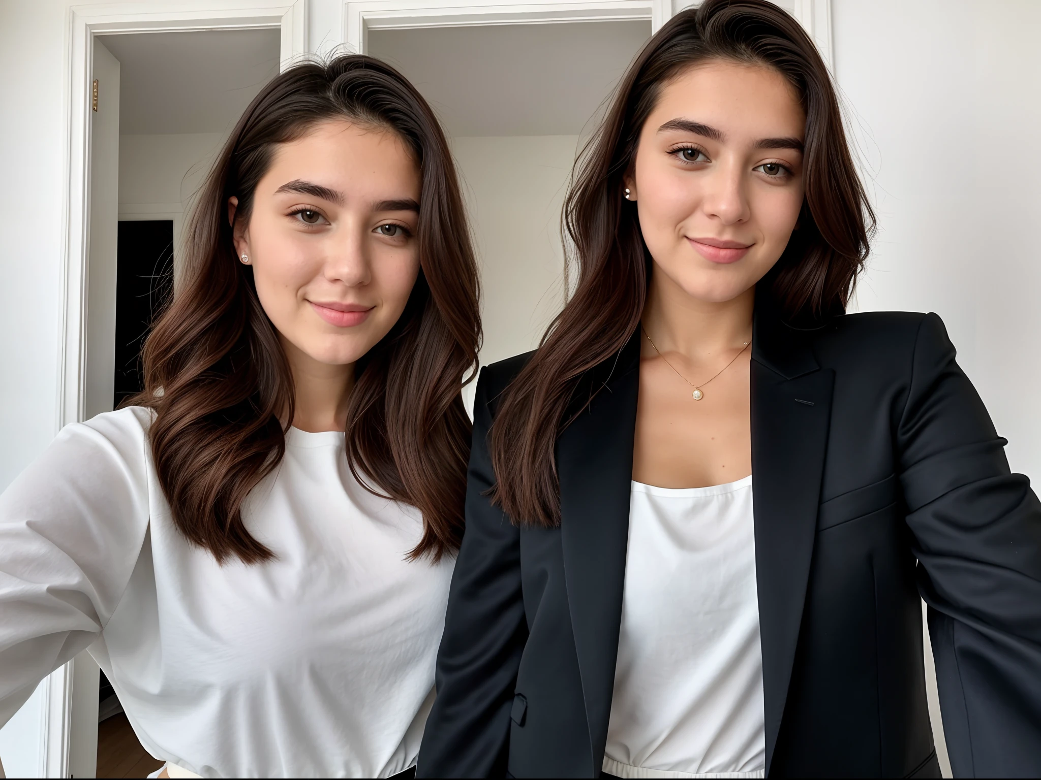 Instagram-Foto, selfie Nahaufnahme Gesicht Foto von 23 Y.o Chloe in Fashion designer clothes, Spaltung, blasse Haut, (smil:0.4), Harte Schatten