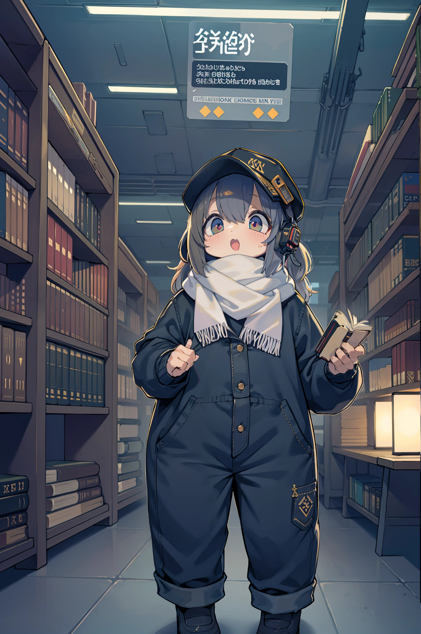 A huge futuristic library with thousands of books. A cyberpunk in the center of the library is in awe