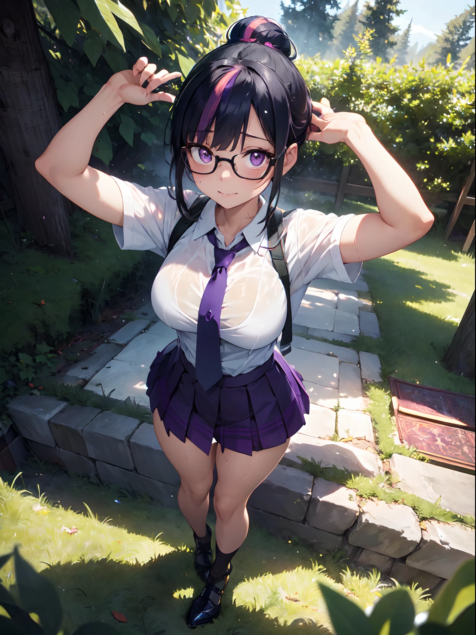 Twilight Sparkle, Twalight Sparkle from my little pony, Twalight Sparkle in the form of a girl, naked, big breasts, lush breasts, voluminous breasts, elastic breasts, wet underwear, you can see the whole body, the underwear shines through, sweat, wet with sweat, wears black glasses, hairstyle bun, shin, heels, feet, surprise on the face, five fingers, detailed hands, forest grass, vines, trees, coniferous forest, bound, vines entangle the body, white shirt unbuttoned, purple skirt at the feet, purple tie, tied with green vines, undressed, bath towel, in one towel, walking through the forest, full-length, standing on his feet