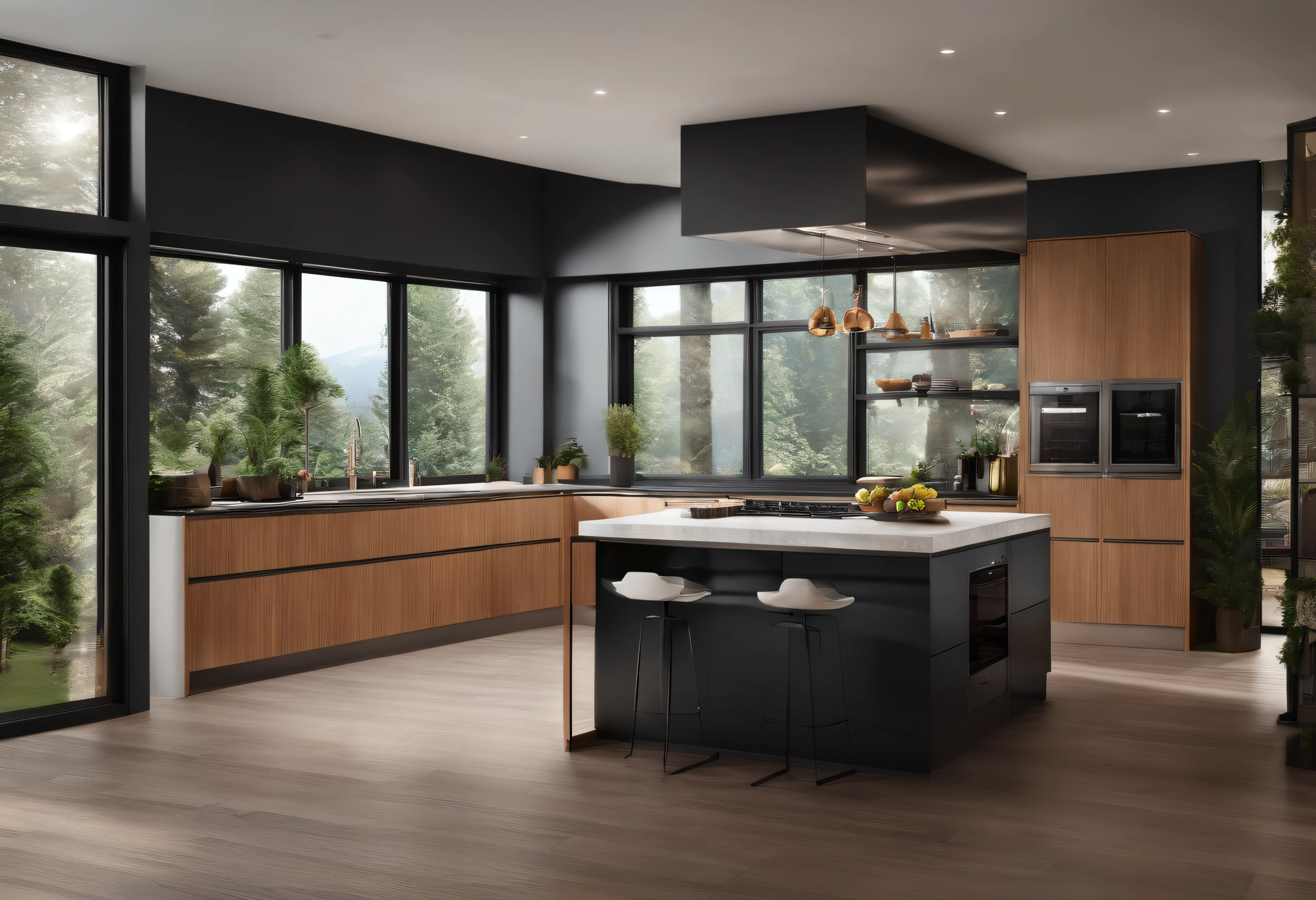 Modern kitchen，Gorgeous renovation，refrigeratory，cupboard，wide scene，in a panoramic view，from the outside, nffsw, high details