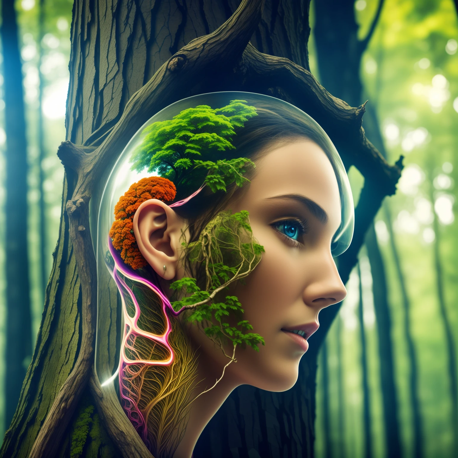 photo realistic, 8K, best quality, depth of field, transparent skin of human, hanging on a branch, innards is seen through the skin, psychedelic hallucination