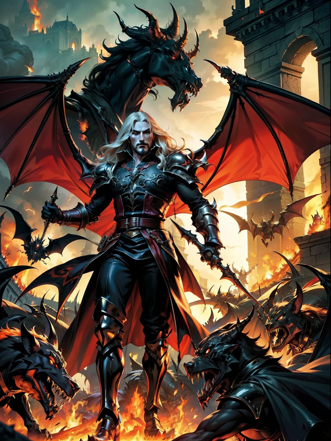 Castlevania Hyper Realistic Shadow Lord Super Detailed High Quality Masterpiece Lord Dracula leading an army of demons surrounding fiery fire hyper realistic