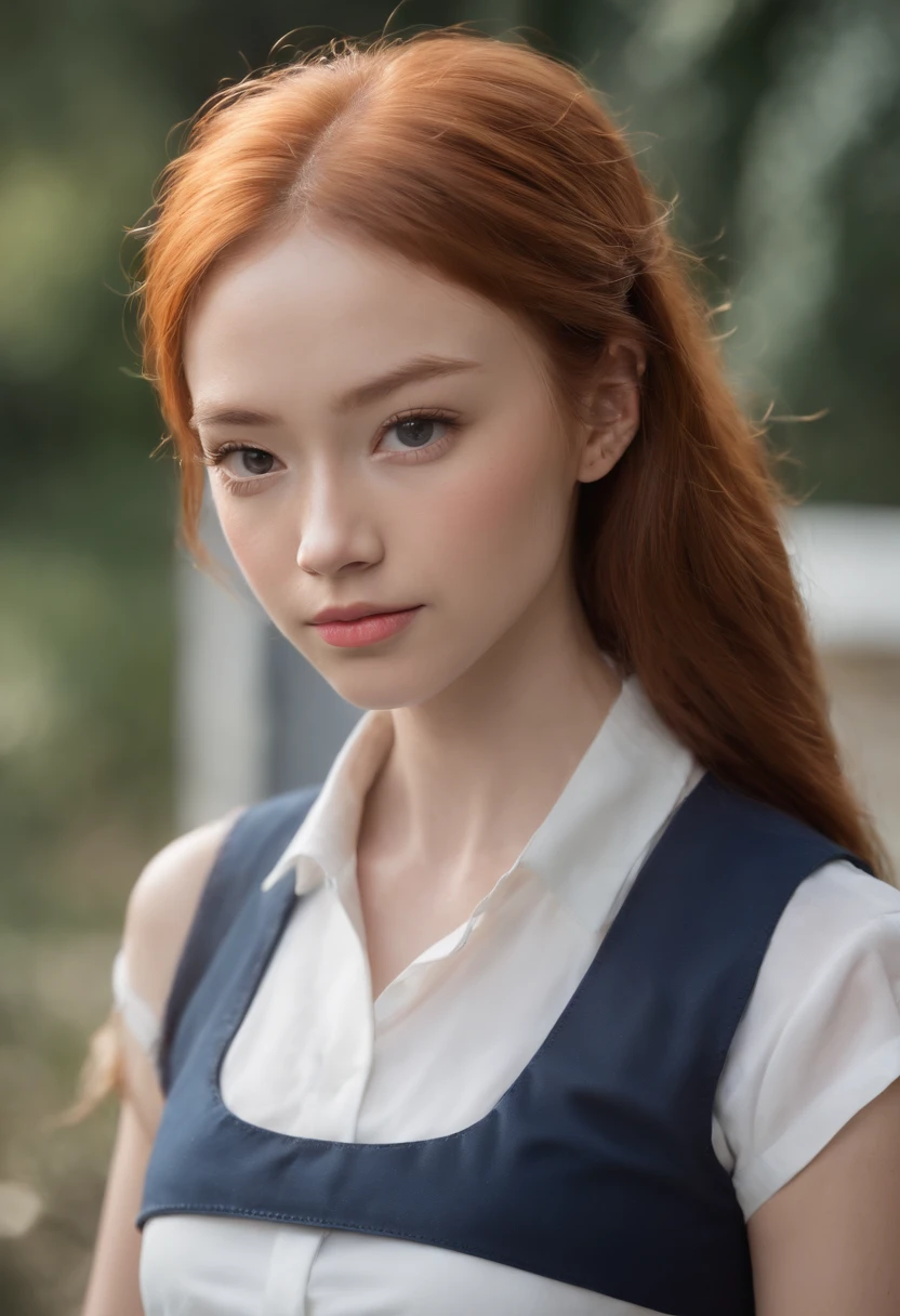 best quality, high detail, (detailed face), detailed eyes,((best quality, masterpiece)), (( caramel skinned ((ginger) (African)) mixed girl)), with (frost white hair) and (deep blue eyes) in school uniform, (arms at side:1.2), groin,big hip bones, ponytail, black hair, (((underboob))), standing, outdoors, facing side ways