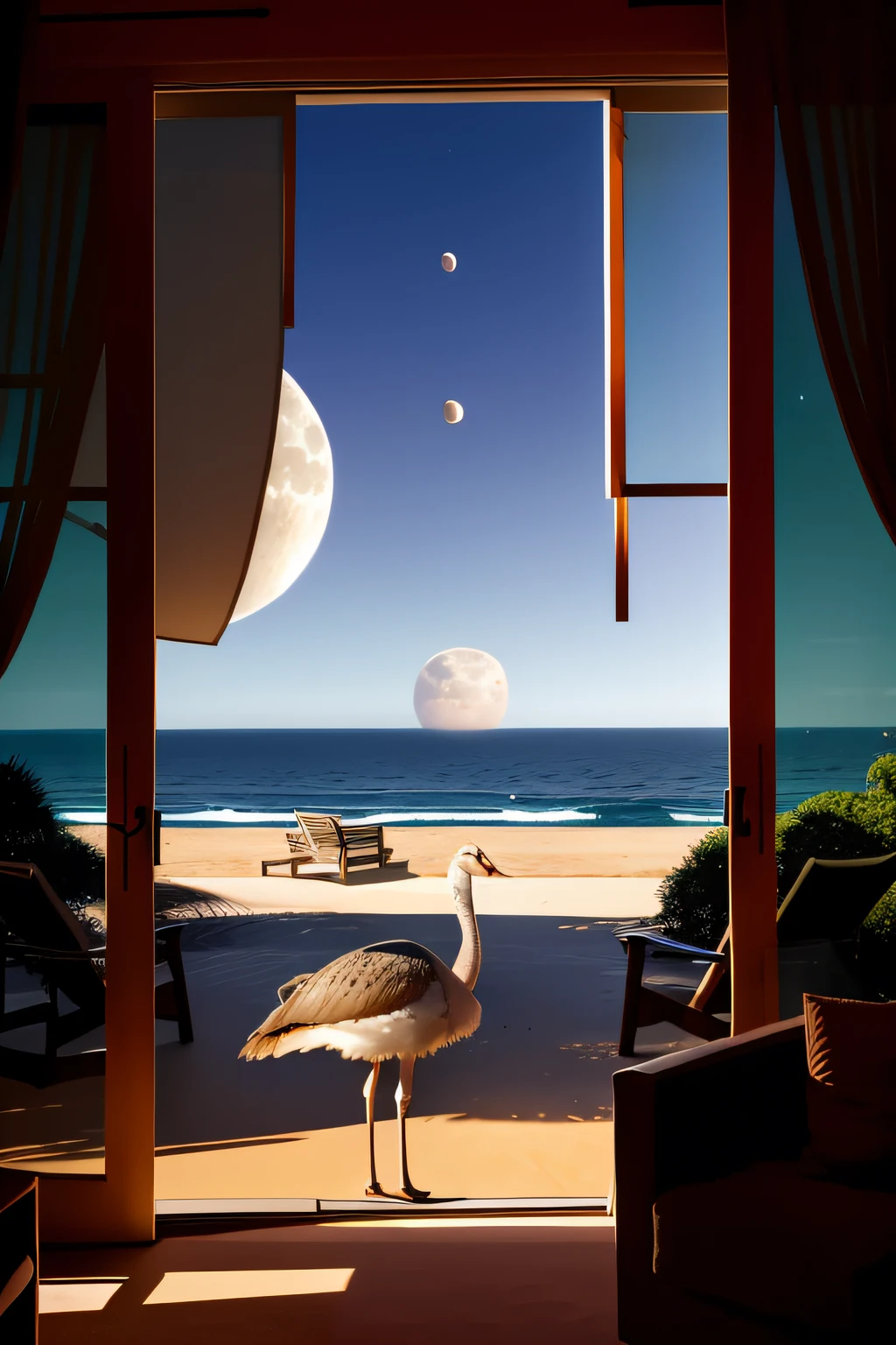 Ostrich looking in through a large sliding glass window with a vast ocean in the background with 2 moons hovering in the sky