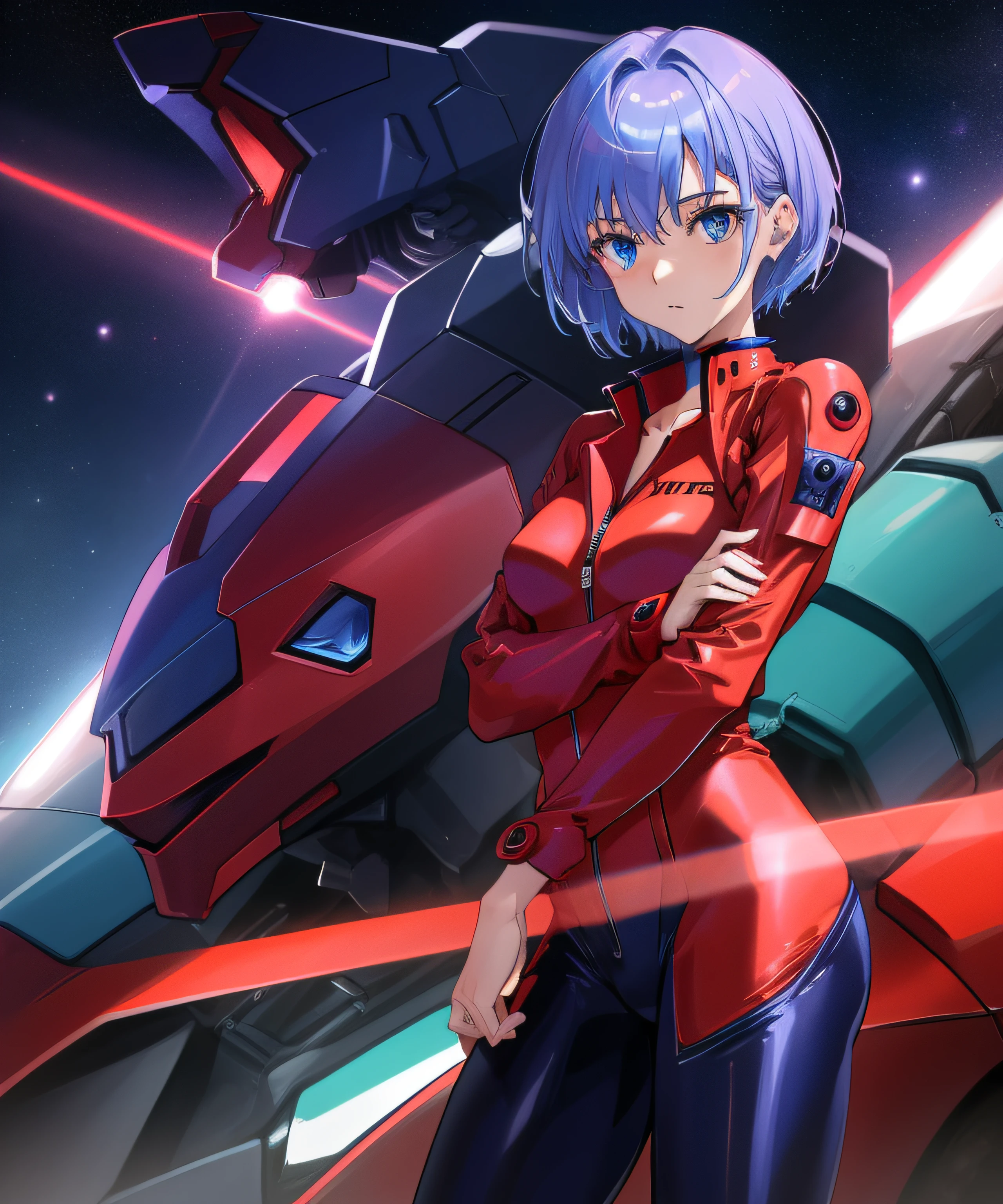 (plugsuit:1.2), evangelion, bodysuit, 1girl, short holographic hair, blue eyes, wearing red jacket shirt, mecha behind, absurdres, high res, ultrasharp, 8K, masterpiece, looking at viewer, realistic proportions