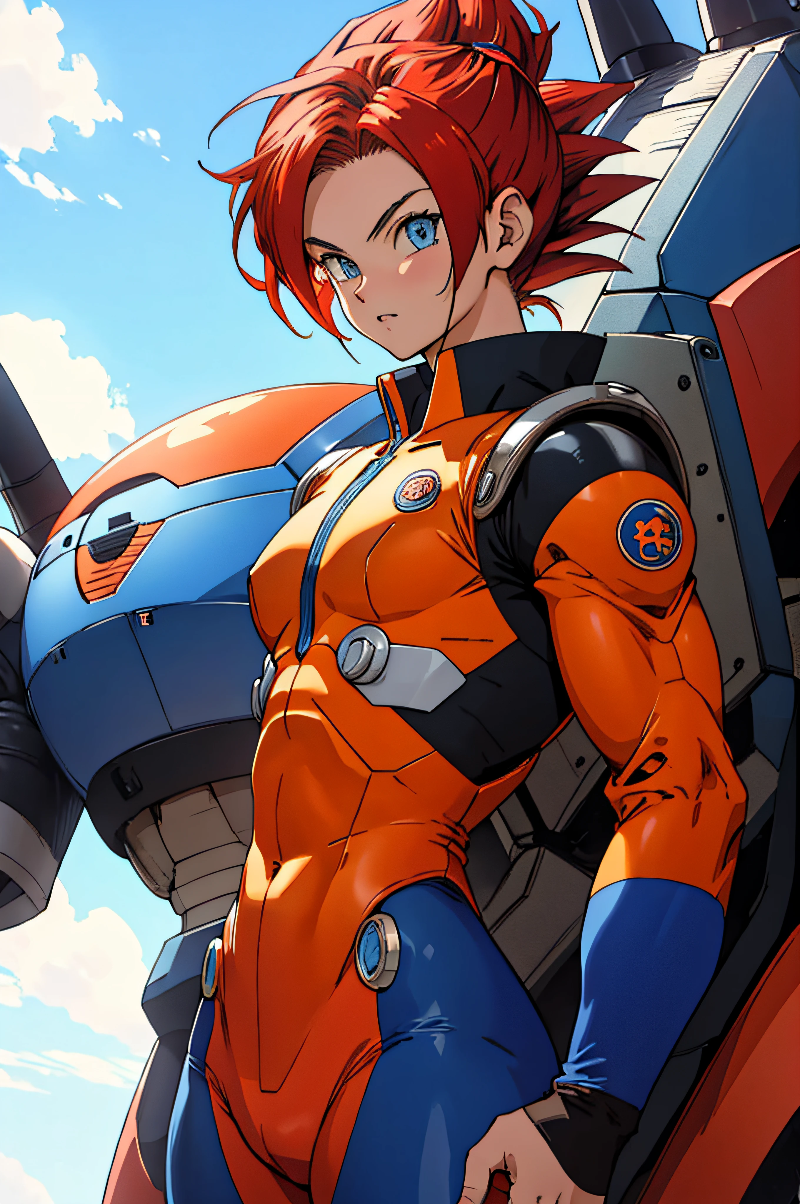 dragon ball style, 1girl in front of mecha, blue eyes, medium red hair, wearing bodysuit