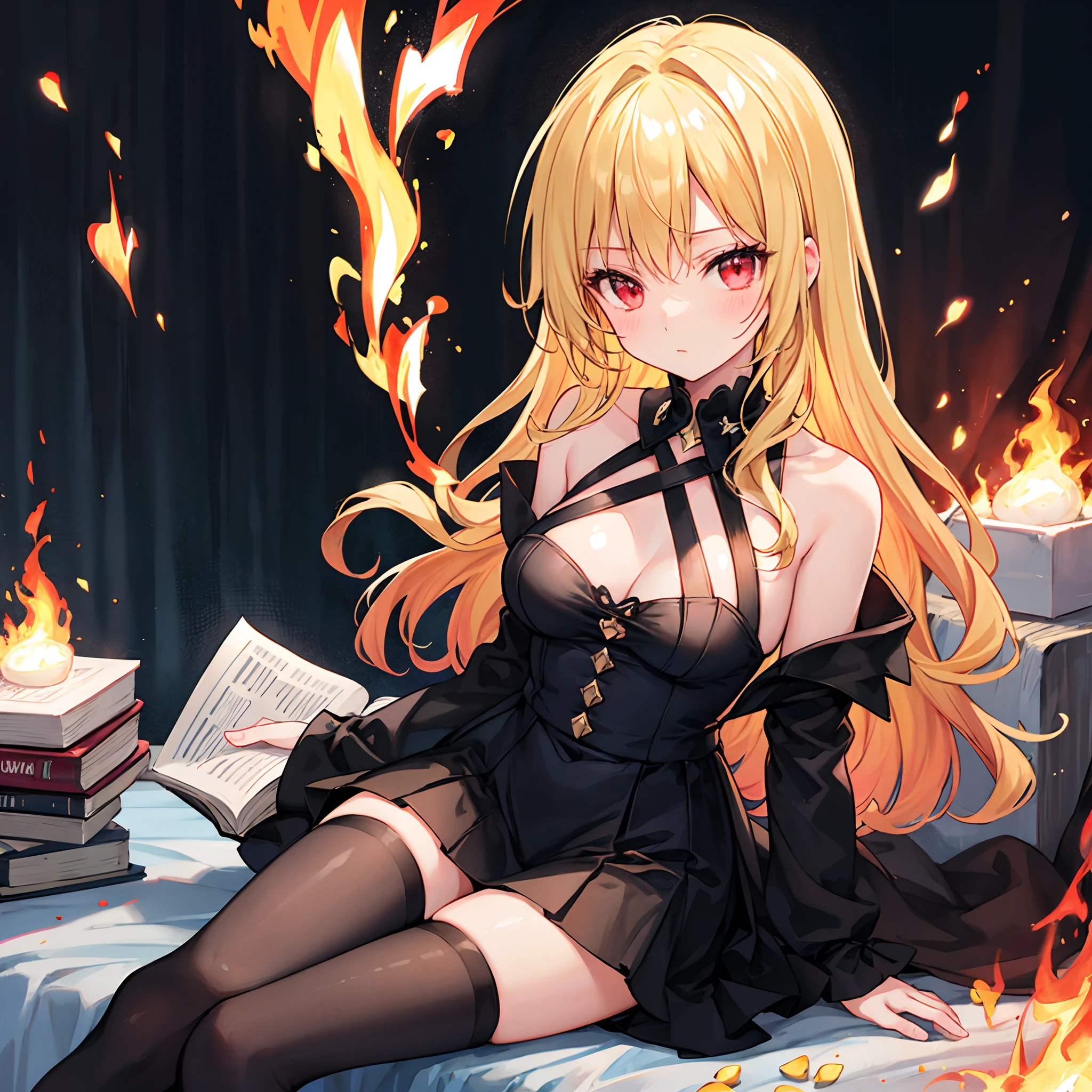 Wavy blonde、red eyes、Beautiful girl alone、Black dress、off shoulders、a miniskirt、Black tights、sitting on、surrounded by flames、Sorcerer